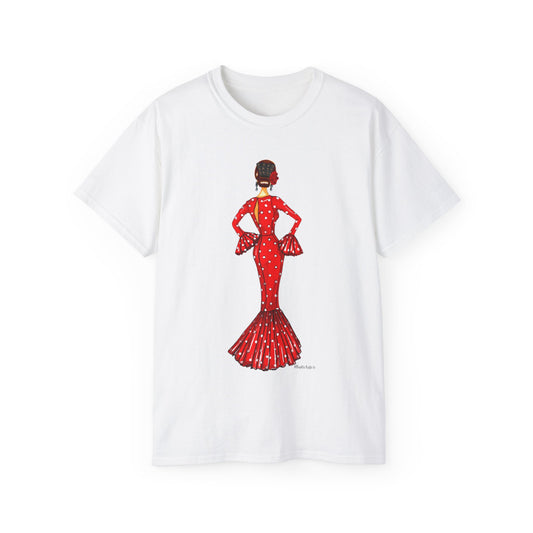 a white t - shirt with a woman in a red dress