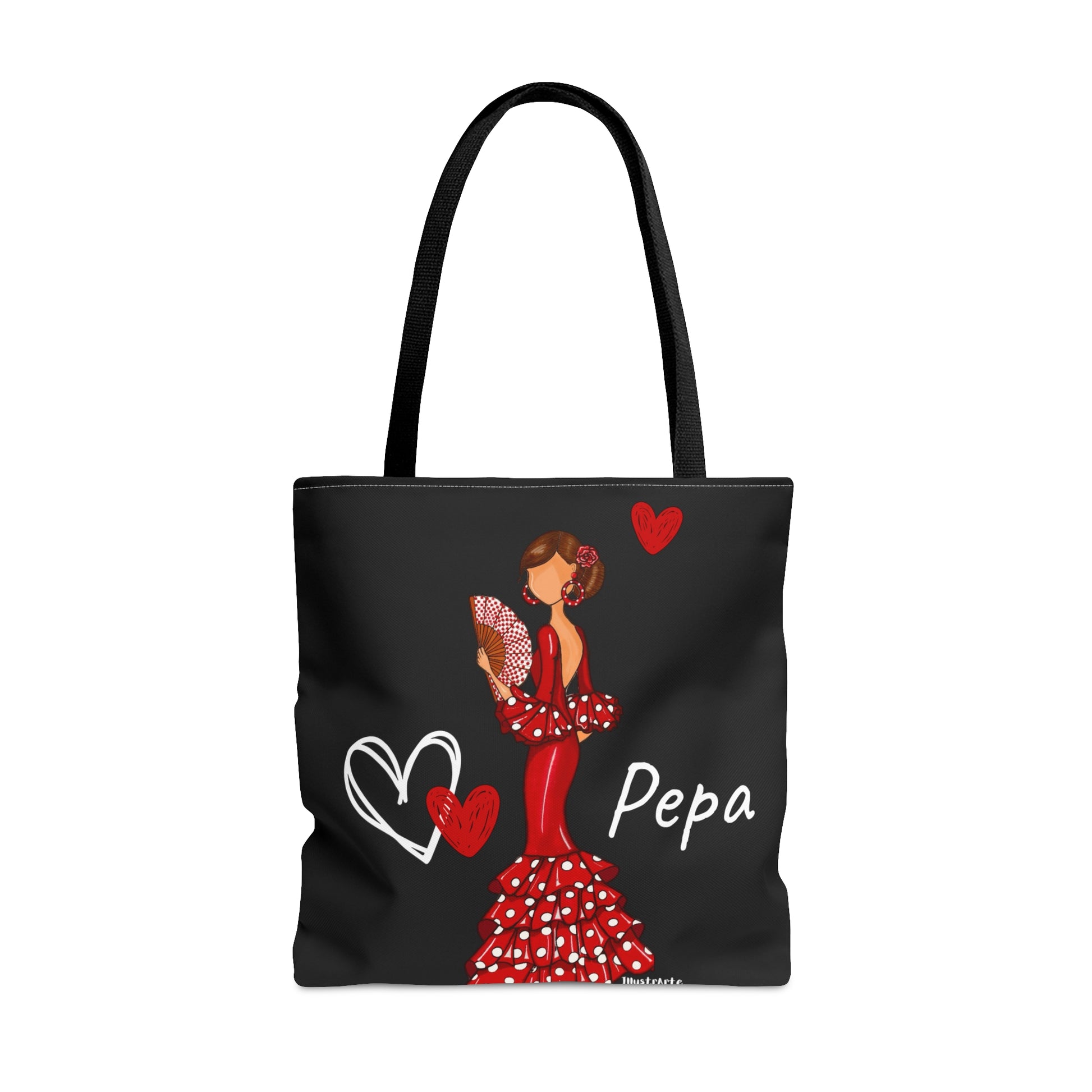 a black tote bag with a woman in a polka dot dress