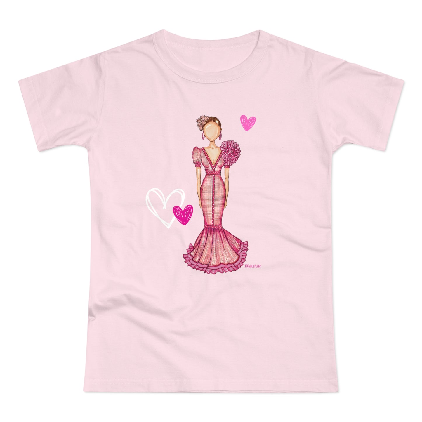 a pink t - shirt with a picture of a woman in a dress