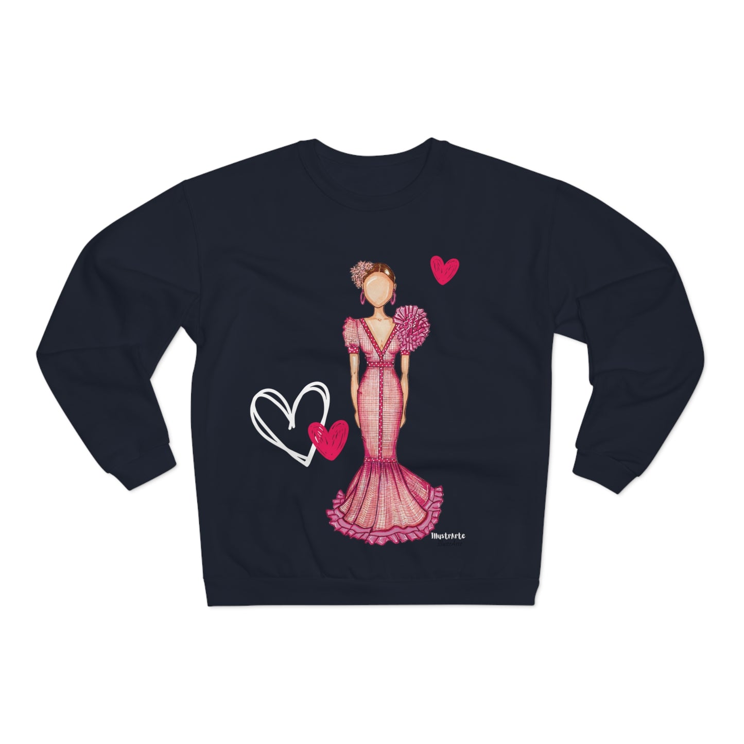 Sudadera de cuello redondo azul marino personalizable para amantes del flamenco, preciosa bailaora de flamenco con vestido rosa