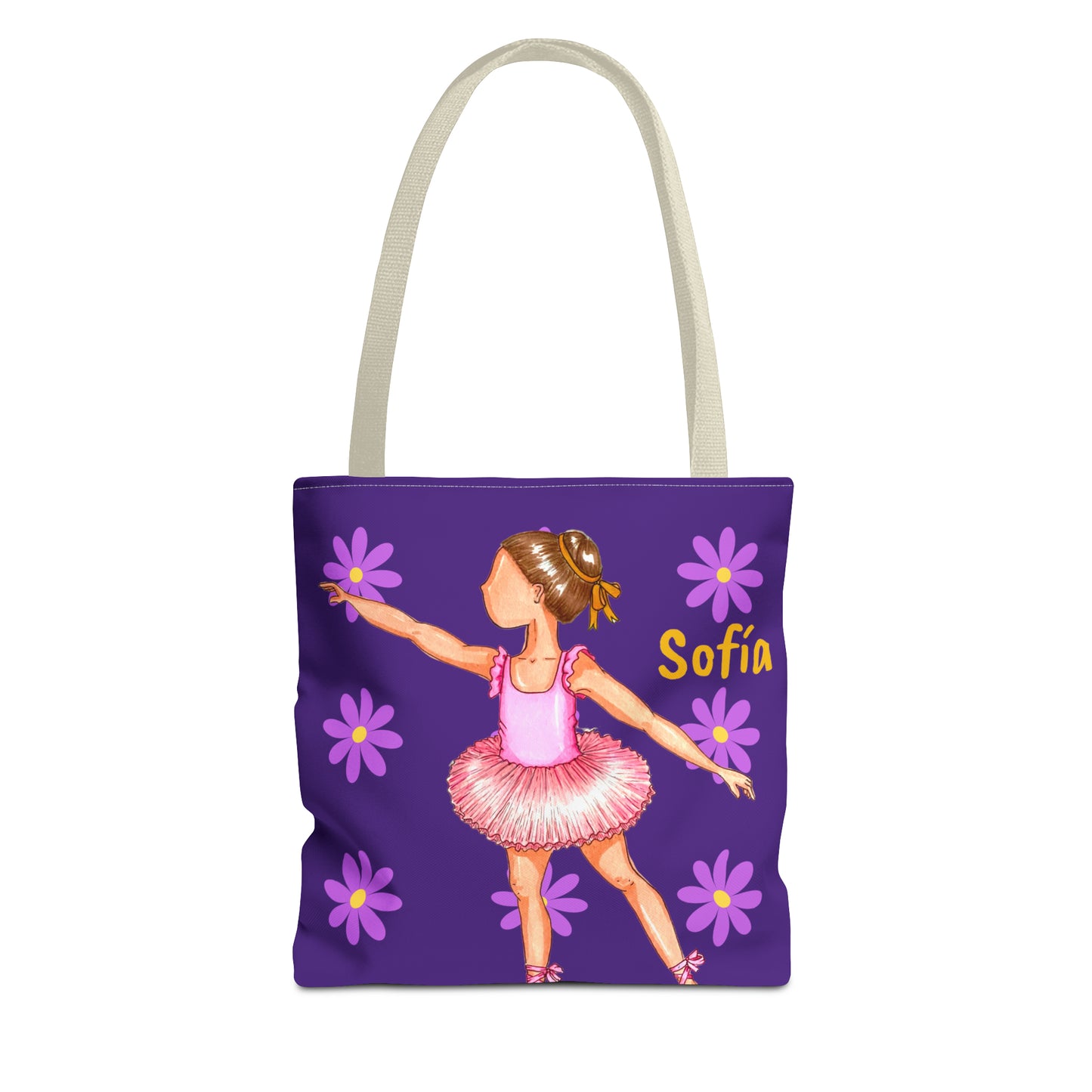 a purple tote bag with a picture of a little girl in a pink dress
