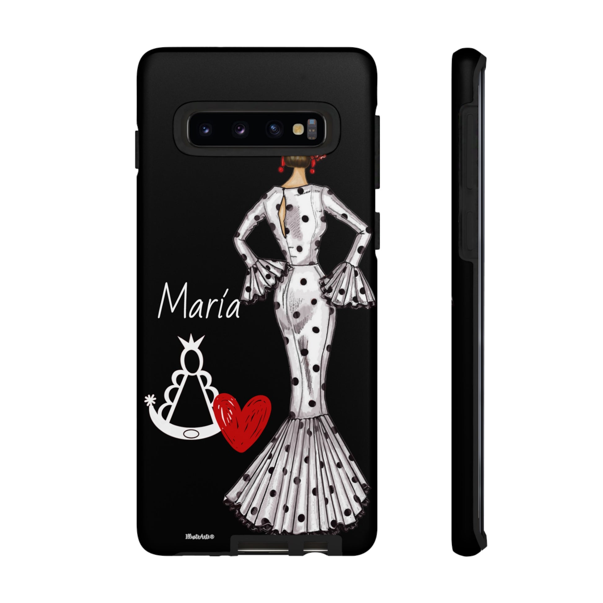 a phone case with a lady in a polka dot dress