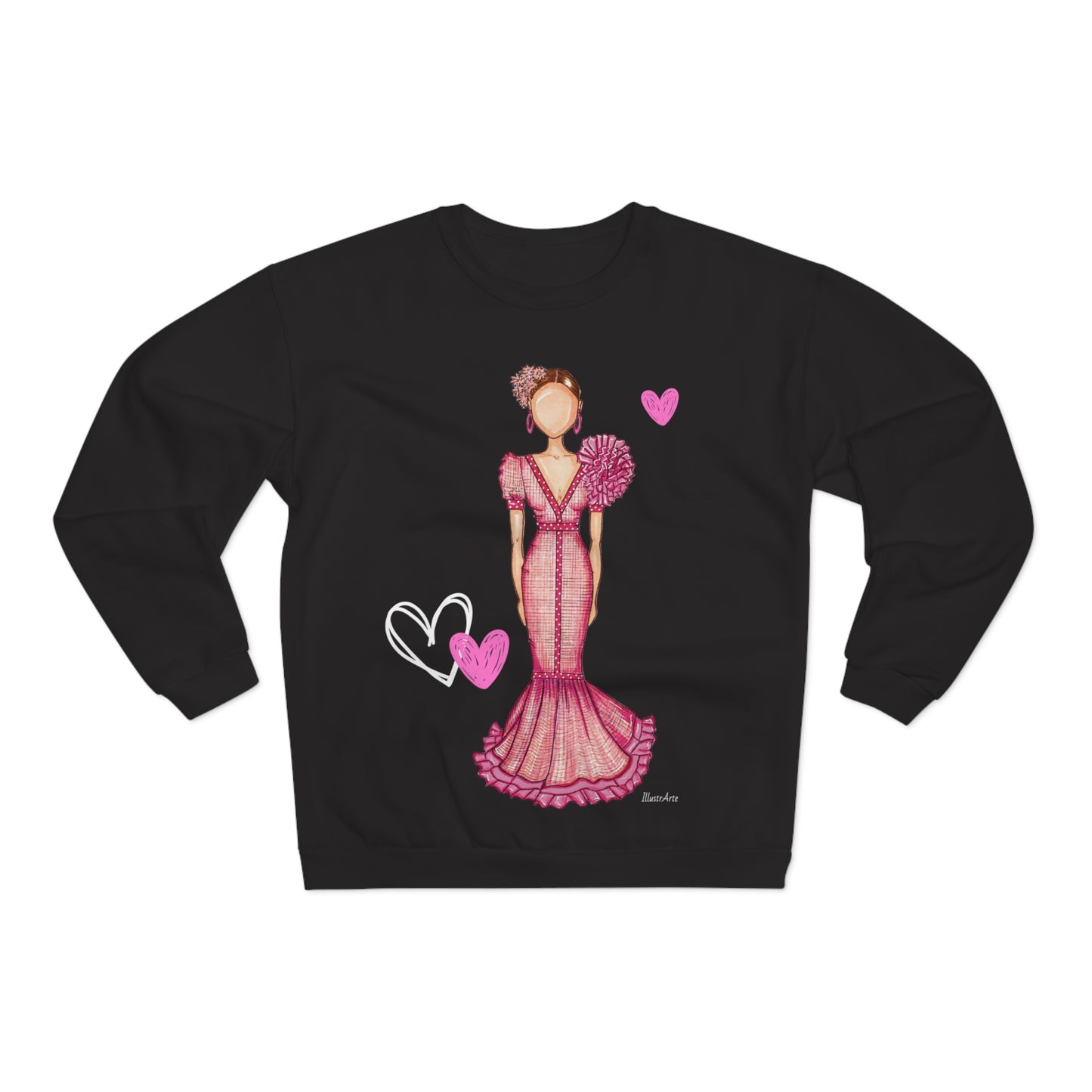 Flamenco lovers white Crewneck Sweatshirt, beautiful flamenco dancer in a pink dress with hearts. - IllustrArte