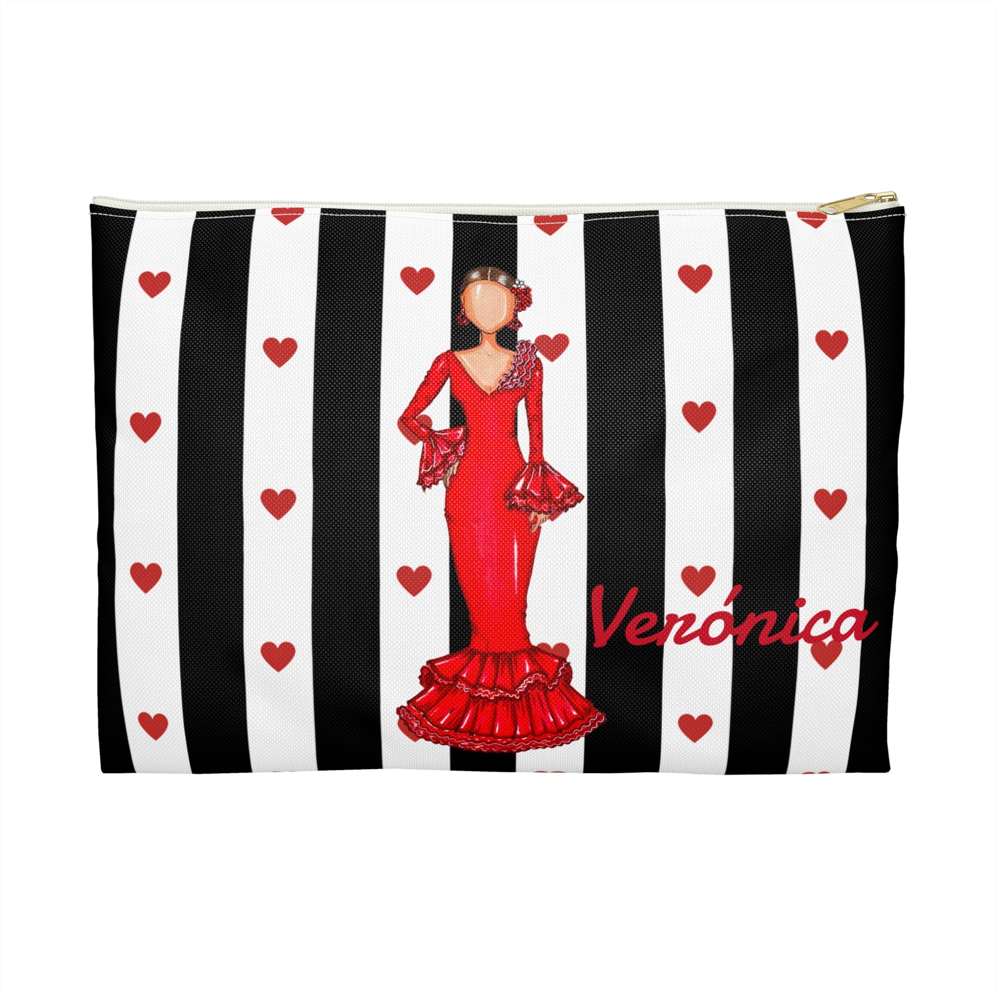 a black and white striped bag with a picture of a woman in a red dress