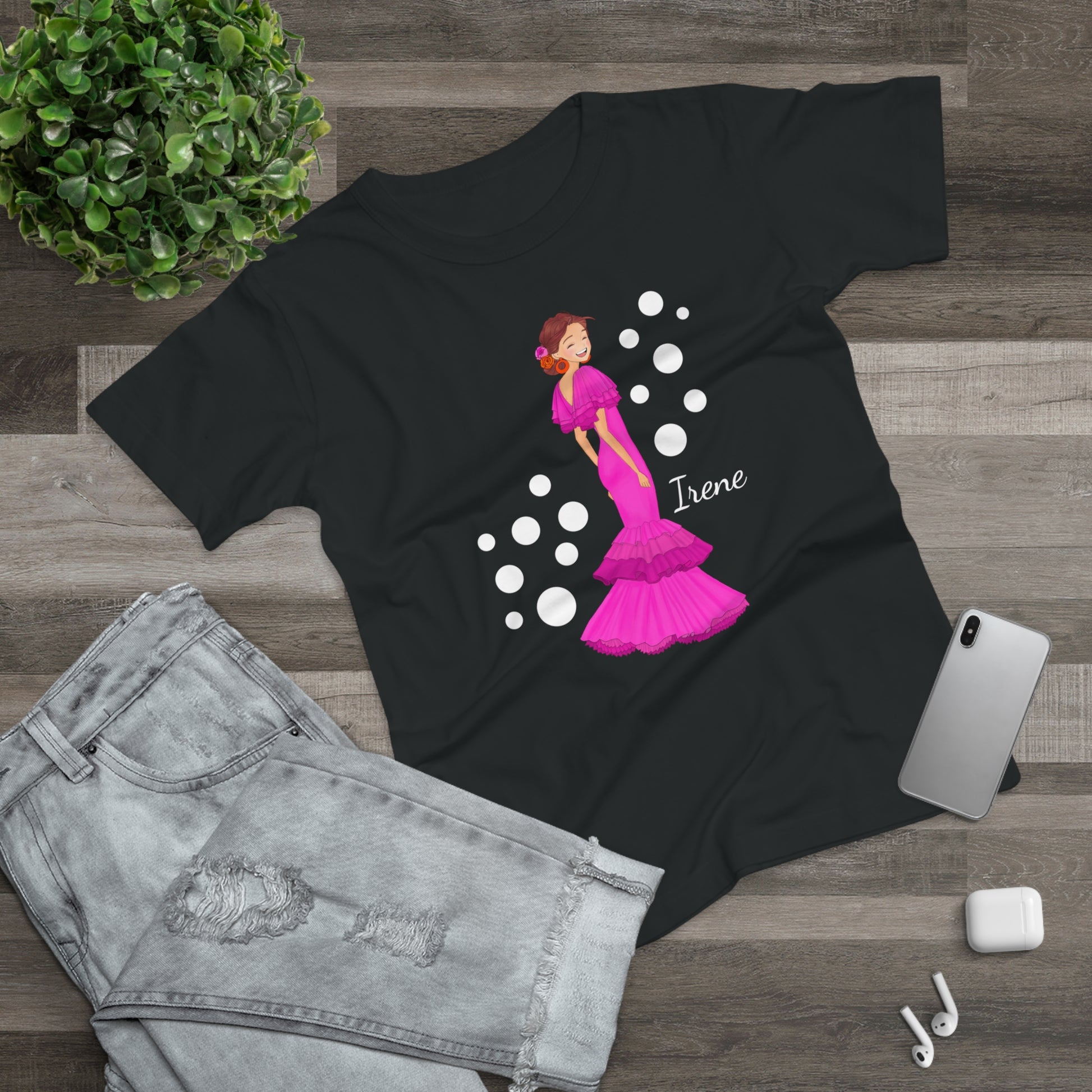 a t - shirt with a woman in a pink dress