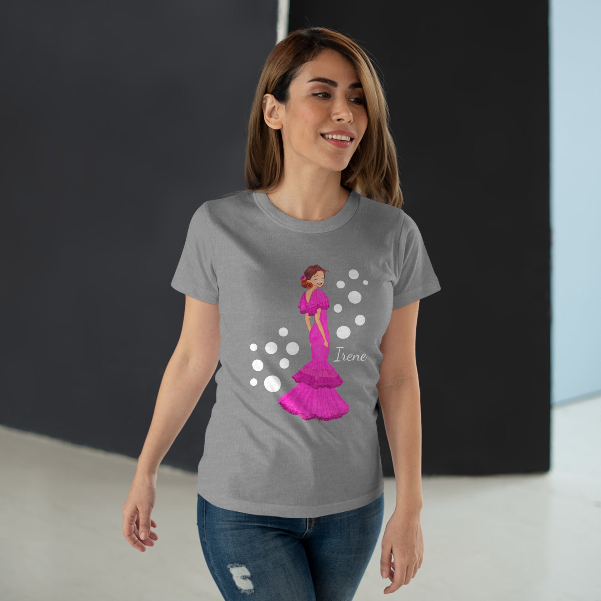 a woman wearing a t - shirt with a picture of a princess on it