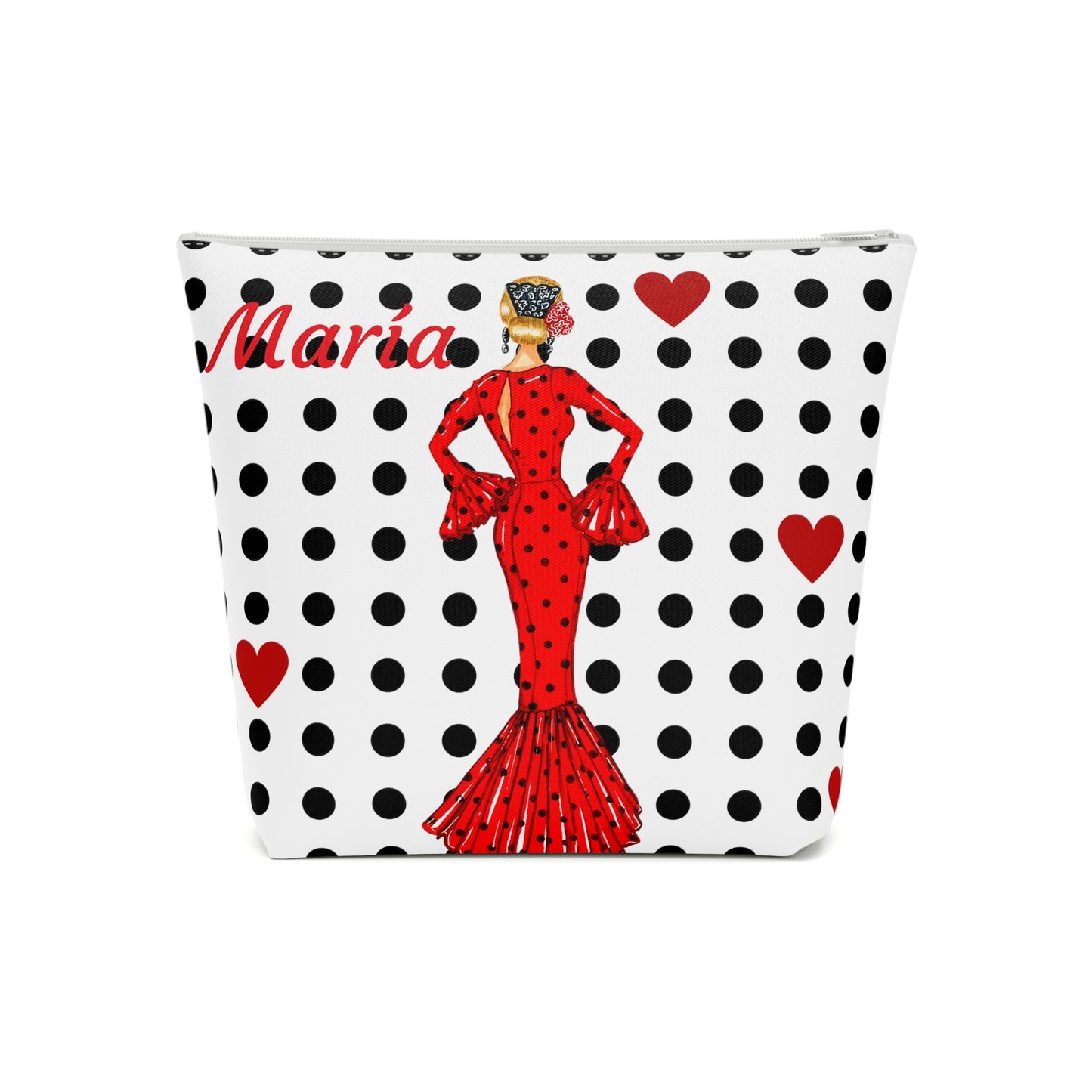 a purse with a woman in a red dress on it
