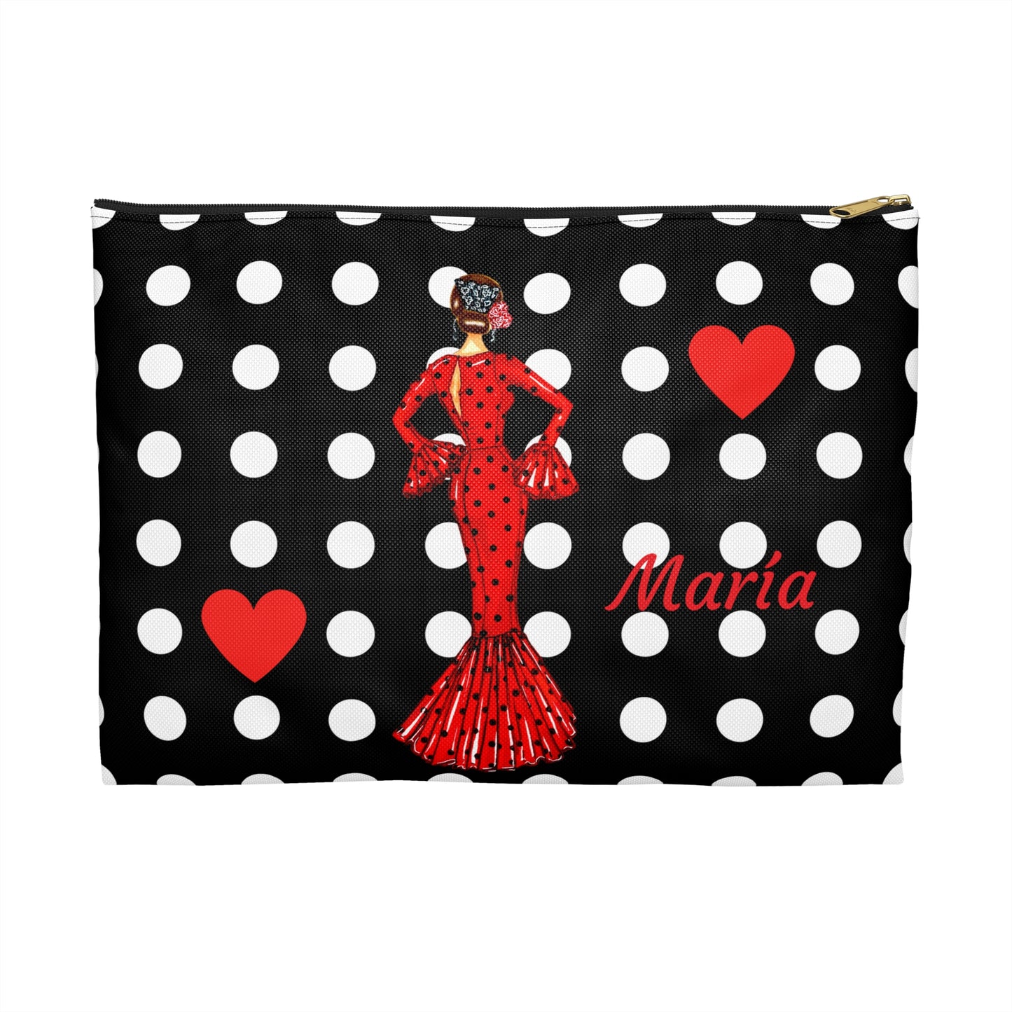 a black and white polka dot bag with a lady in a red dress
