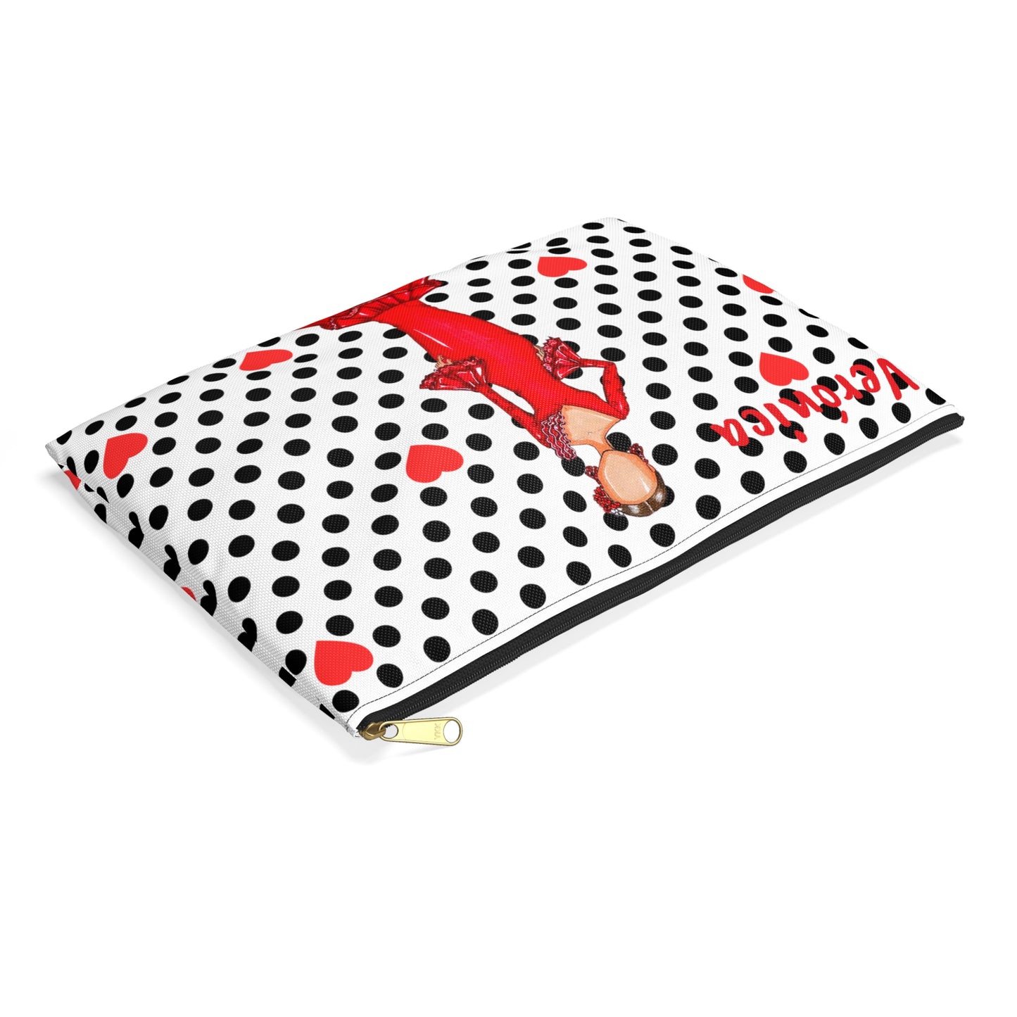 a black and white polka dot with a red lady on it