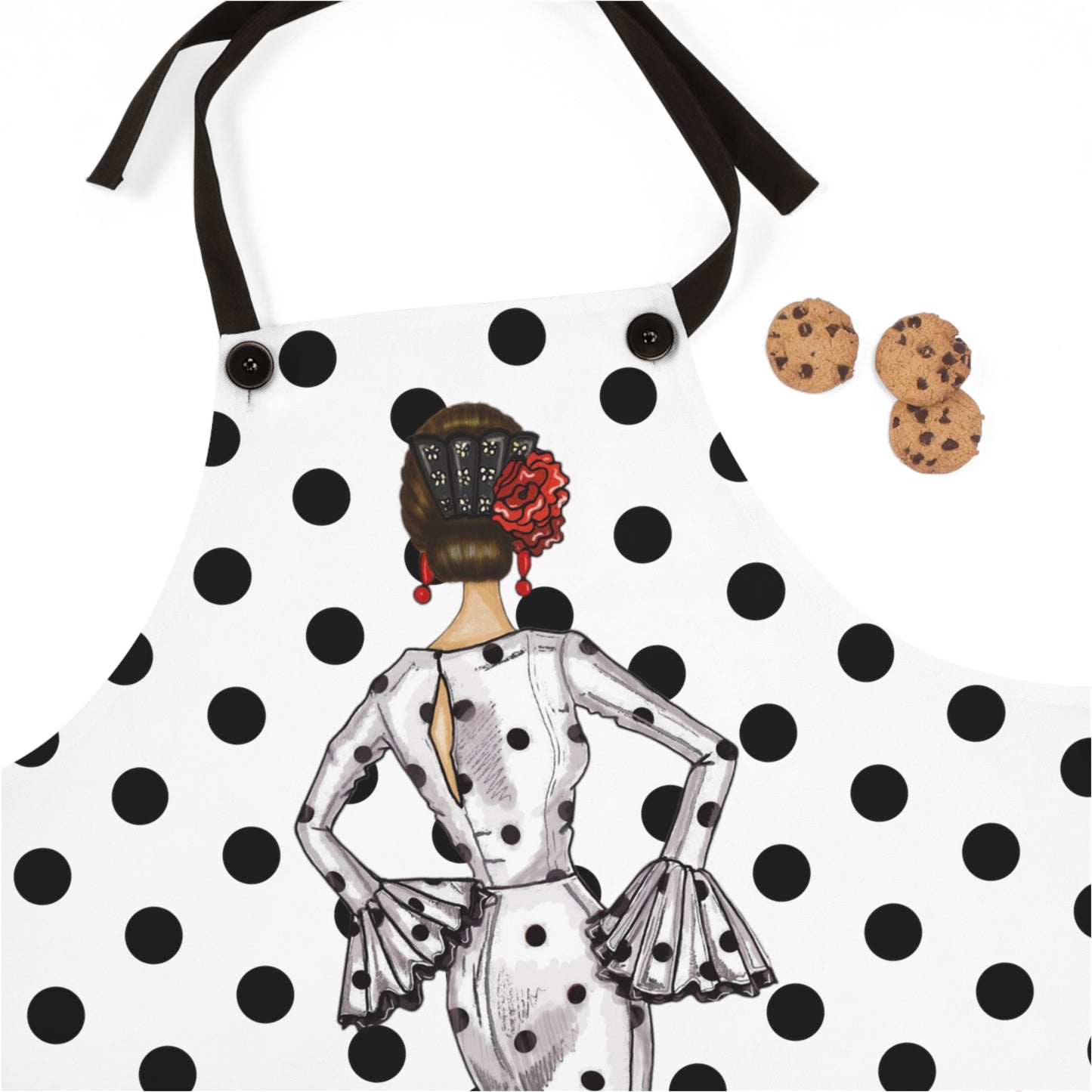 a polka dot apron with a picture of a woman in a polka dot dress and