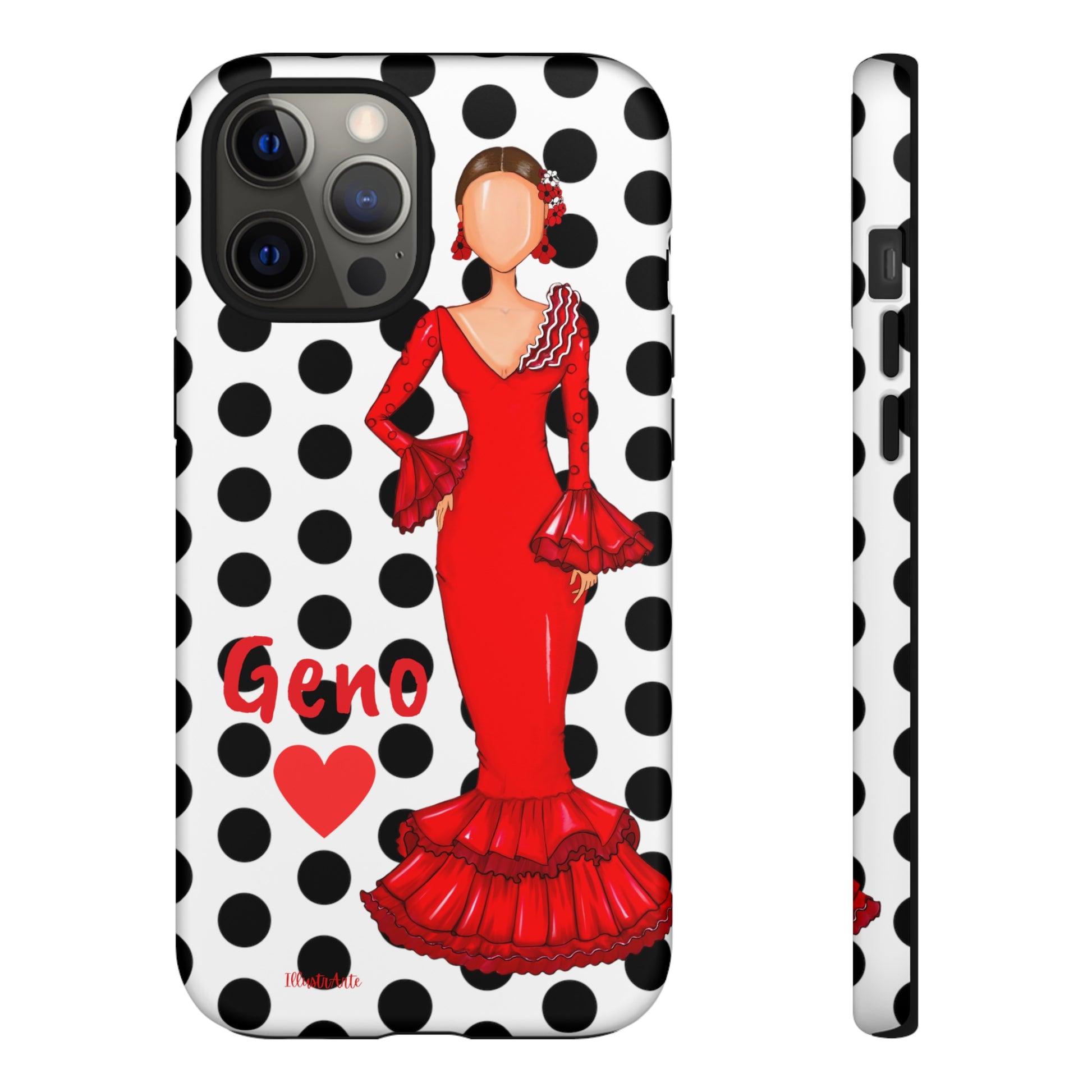 a cell phone case with a woman in a red dress