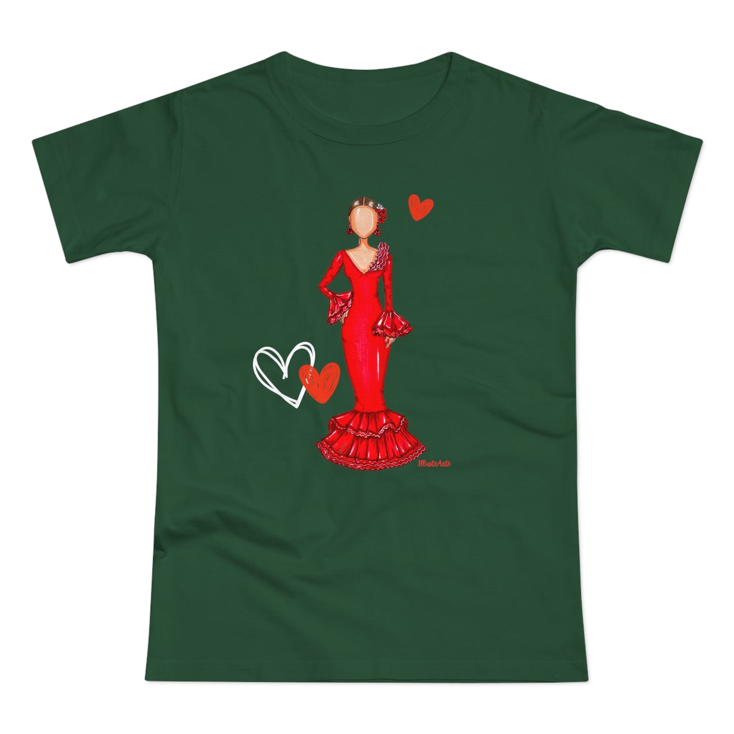 a green t - shirt with a picture of a woman in a red dress