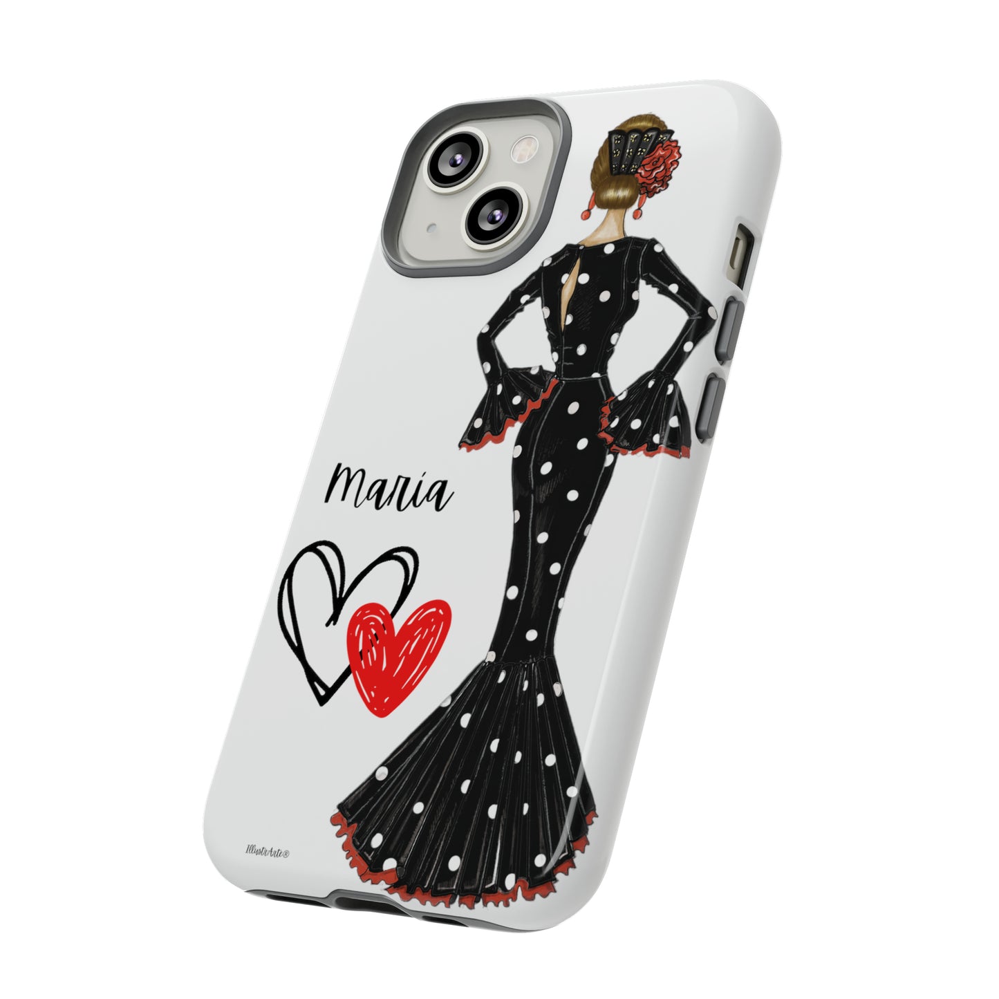 Flamenco Lovers Customizable white Tough Phone Case - Our flamenco dancer Maria in an elegant Black Dotted Dress