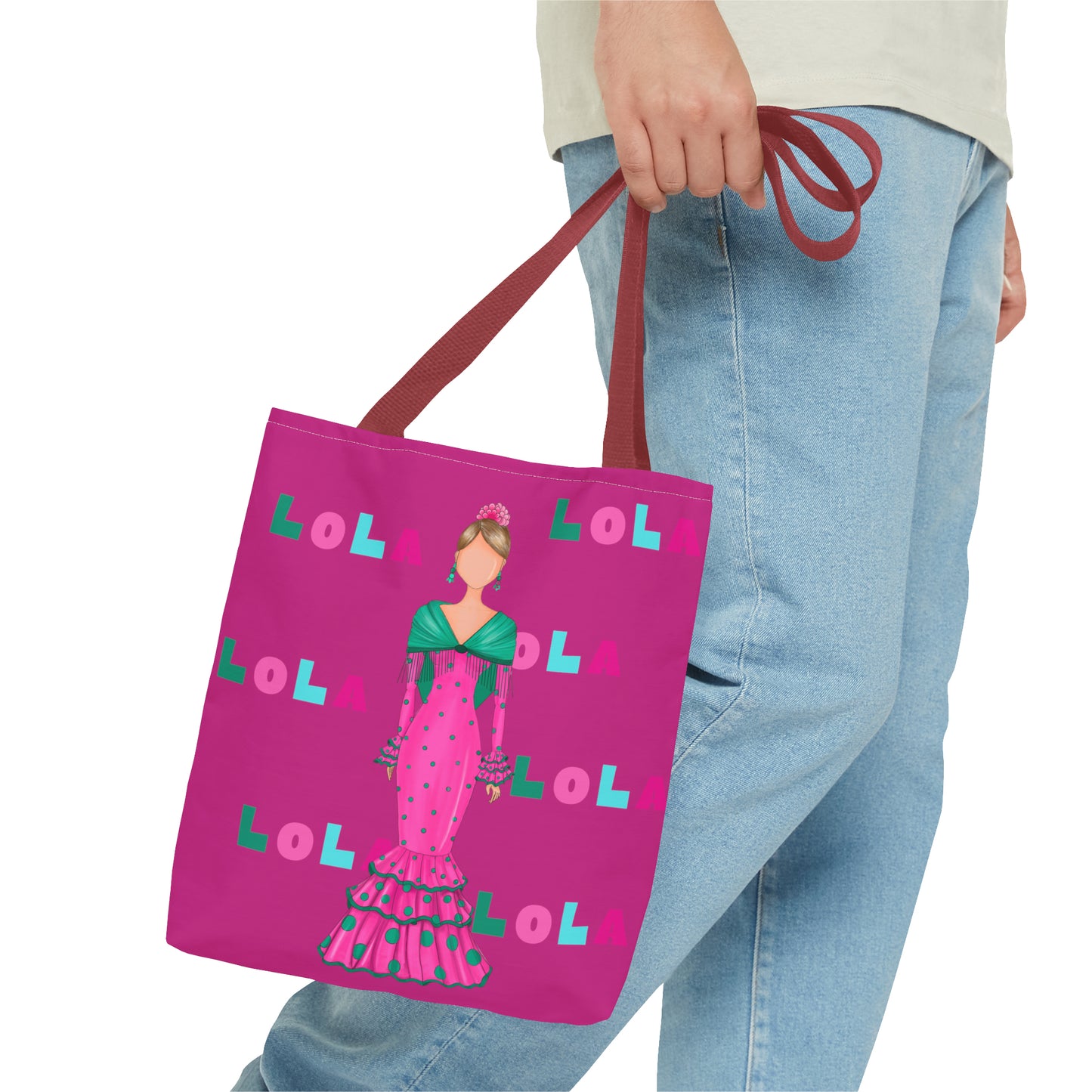 Flamenco lover Tote Bag, fabric tote bag with pink background your name in colours and our flamenco dancer Lola in a pink dress.