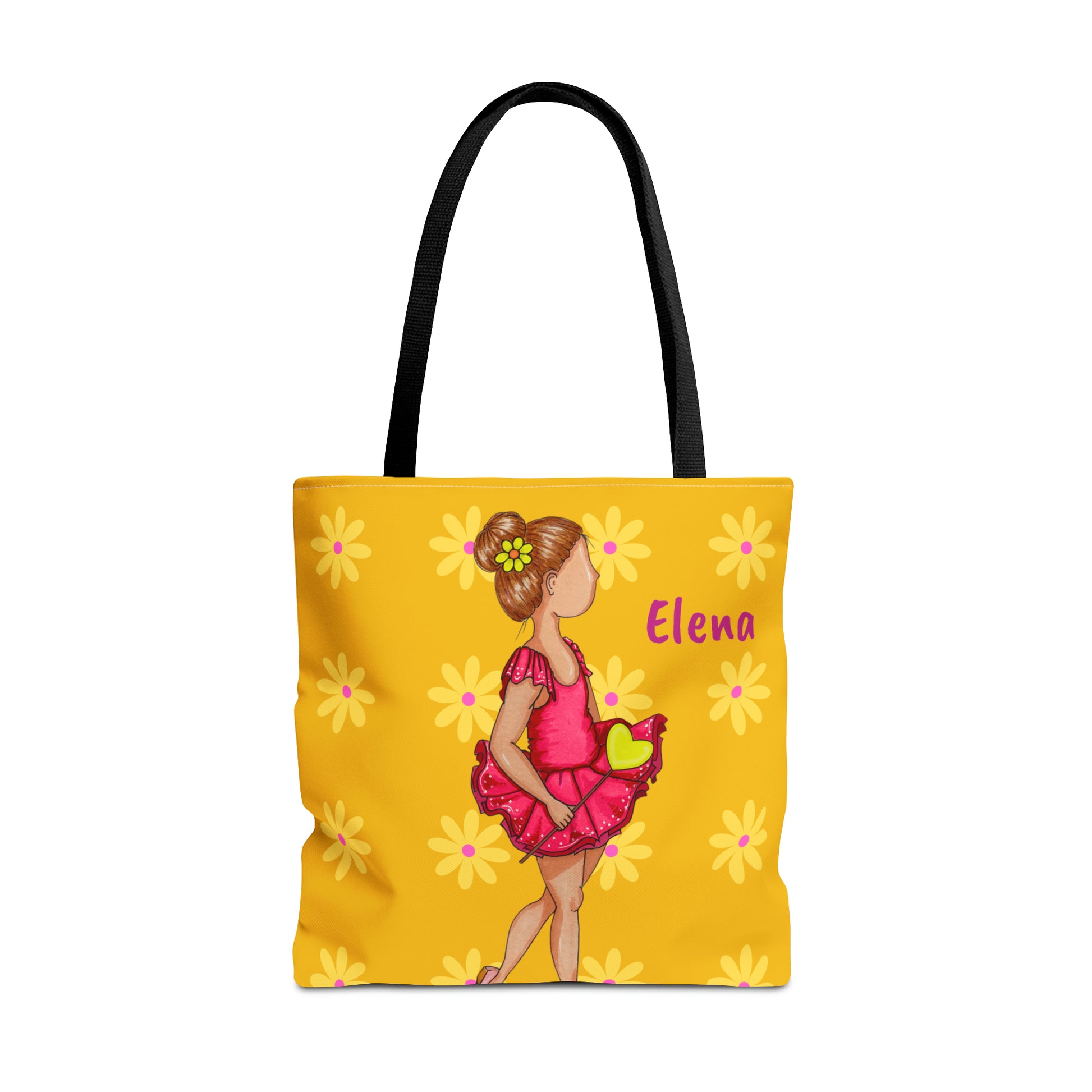 a yellow bag with a picture of a girl in a pink dress