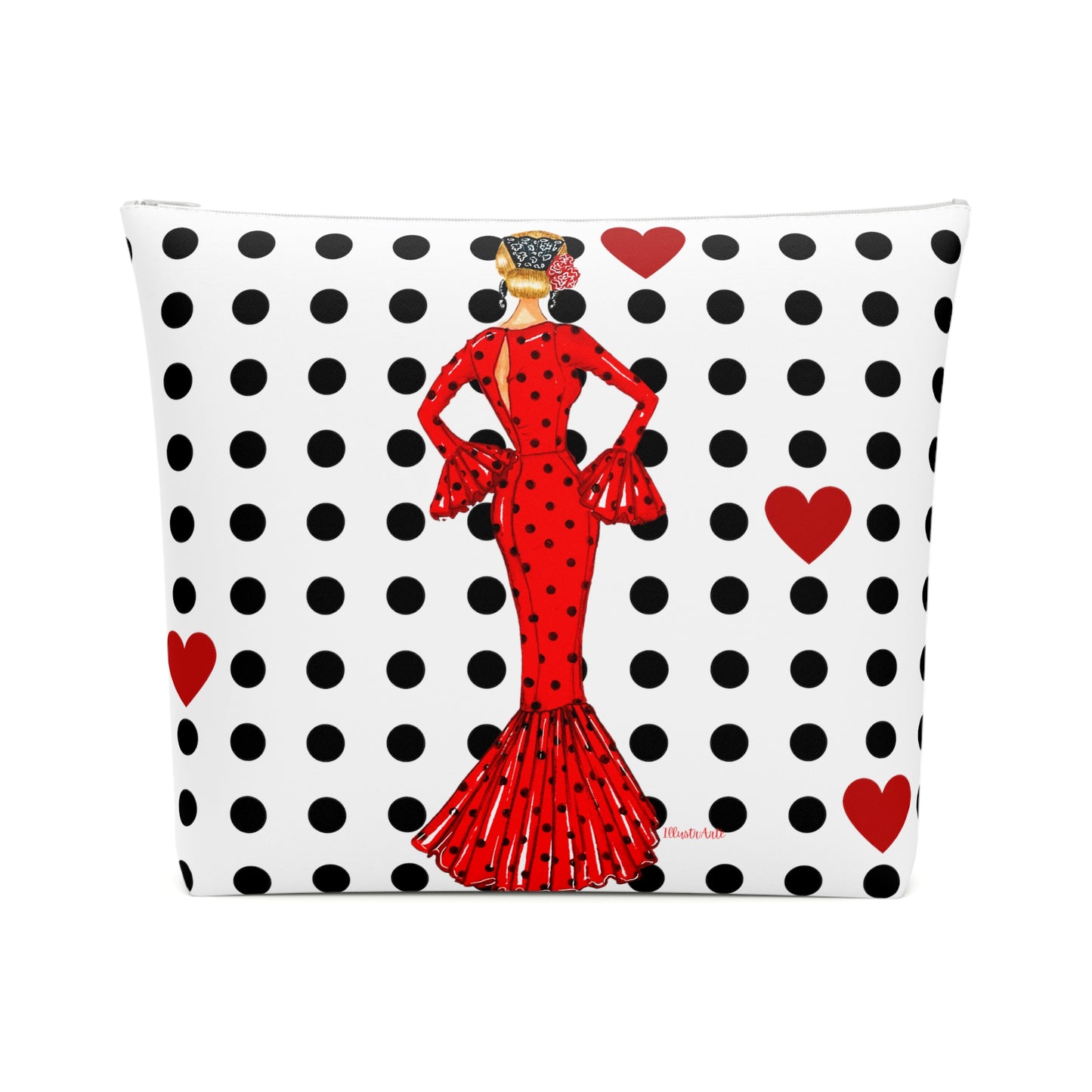 a polka dot purse with a woman in a red dress