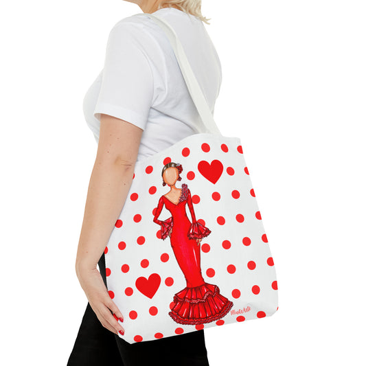 a woman carrying a red and white polka dot purse