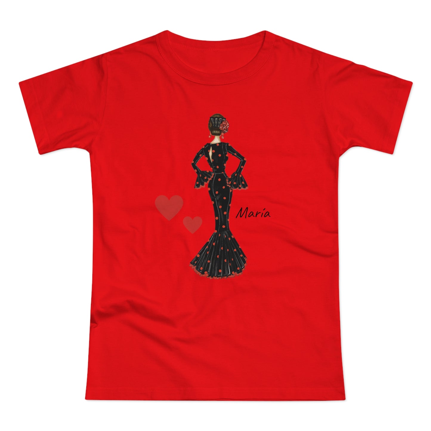 Flamenco Lovers Women's cotton tee - Flamenca Maria in a black dress with a red heart