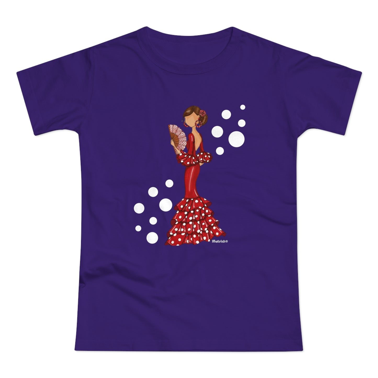 a purple t - shirt with a woman in a polka dot dress