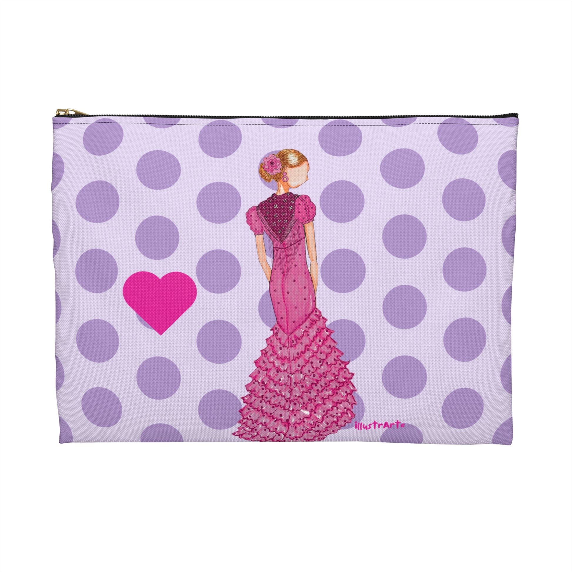 a purple polka dot purse with a woman in a pink dress