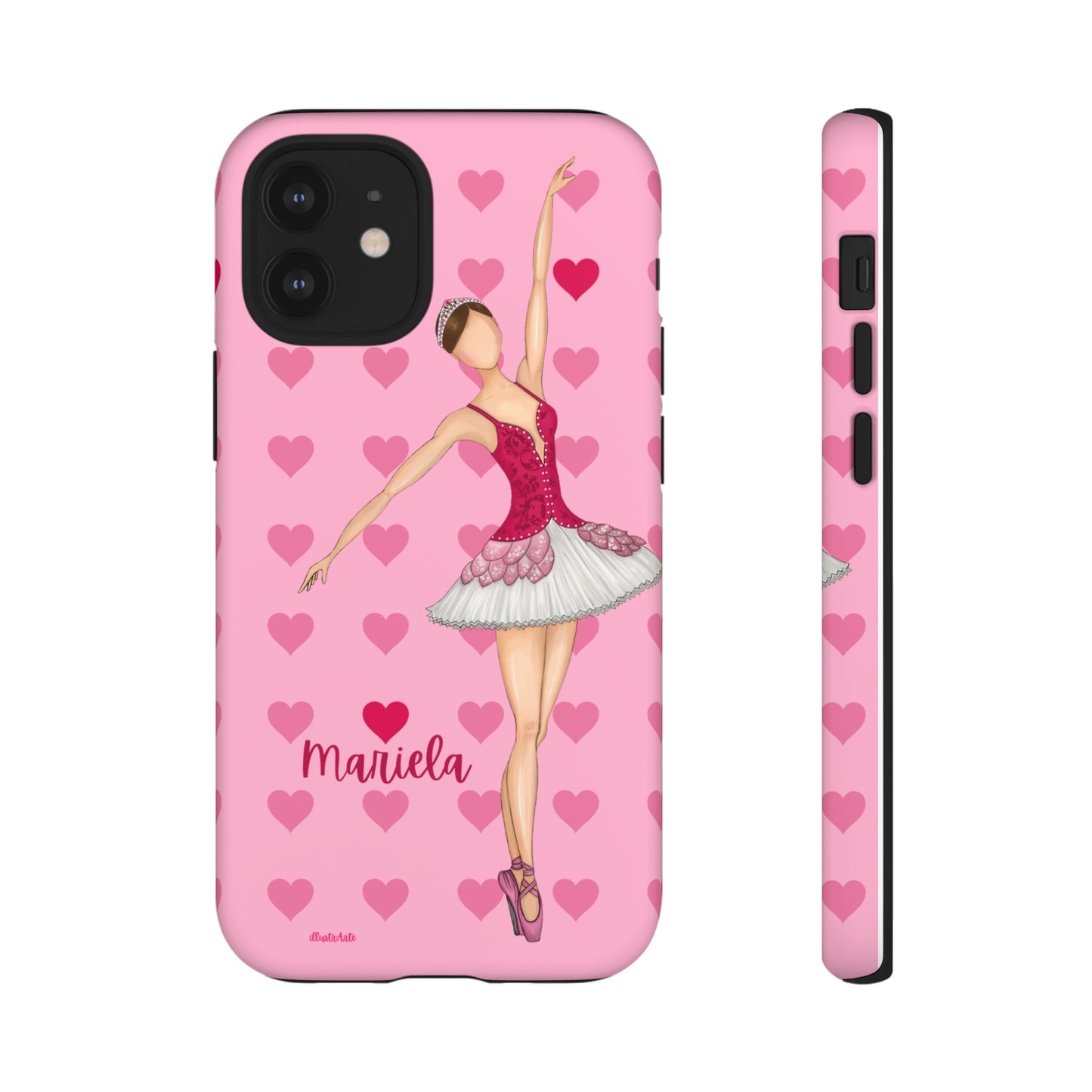Ballet lovers customizable white tough phone case for iPhone, Samsung Galaxy and Google pixel with our ballerina Mariela in a pink dress .