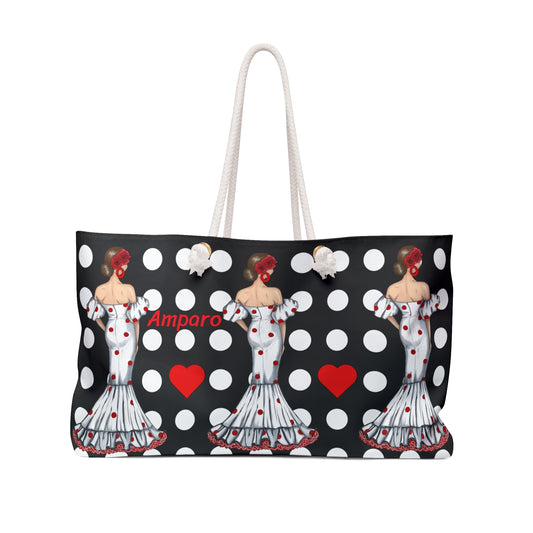 Flamenco Lovers Weekender Bag - Oversized Beach Tote with Durable Rope Handles. Our flamenco dancer Maite with black background and polka dots.