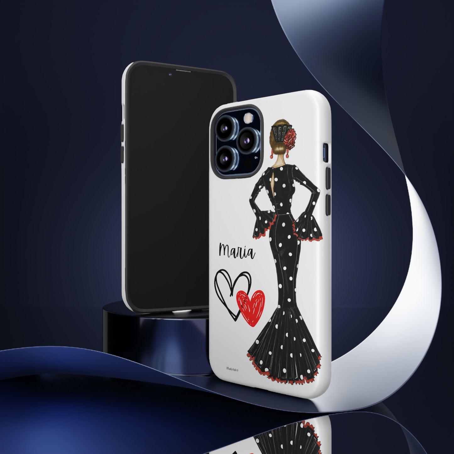 Flamenco Lovers Customizable white Tough Phone Case - Our flamenco dancer Maria in an elegant Black Dotted Dress