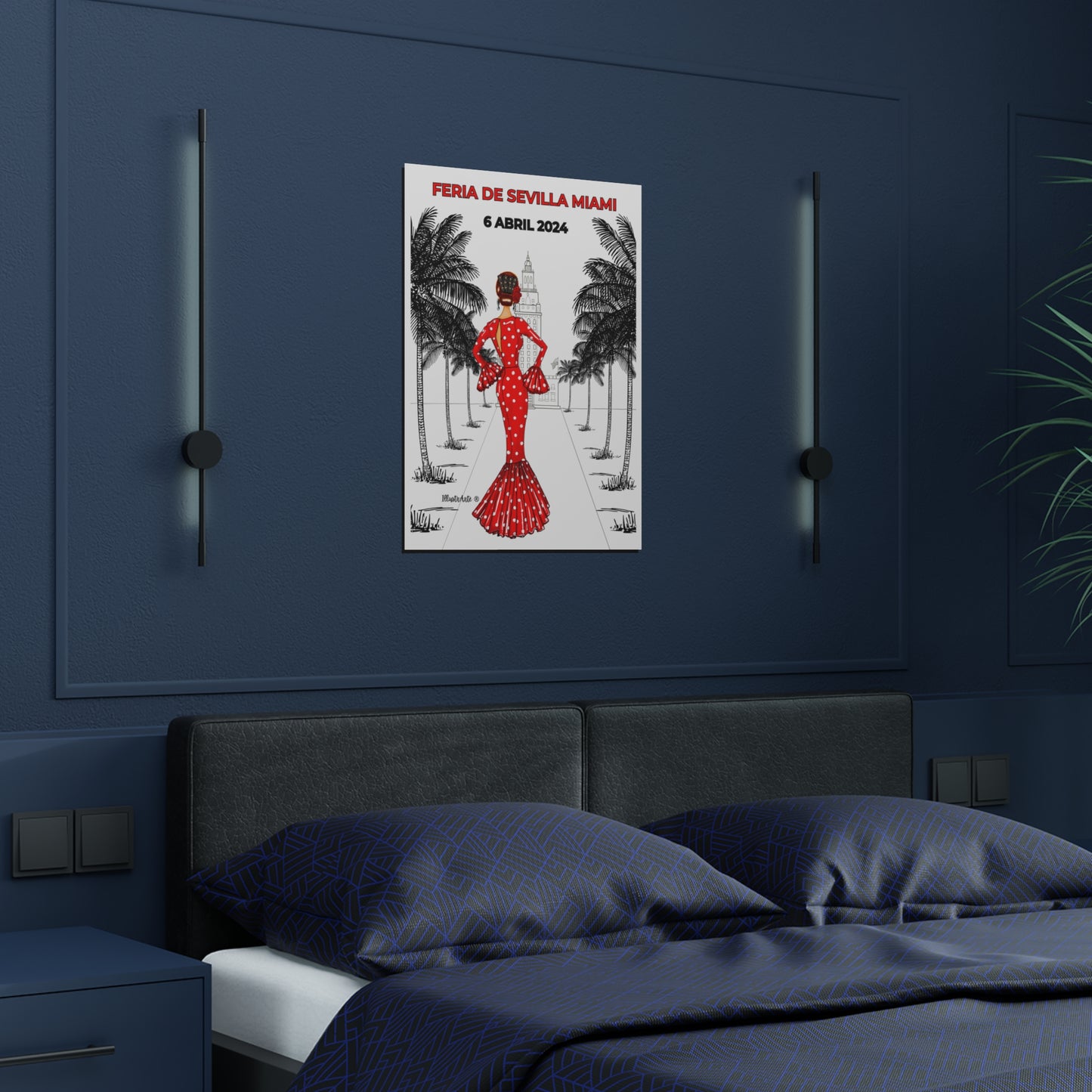 a bedroom with a bed and a poster on the wall