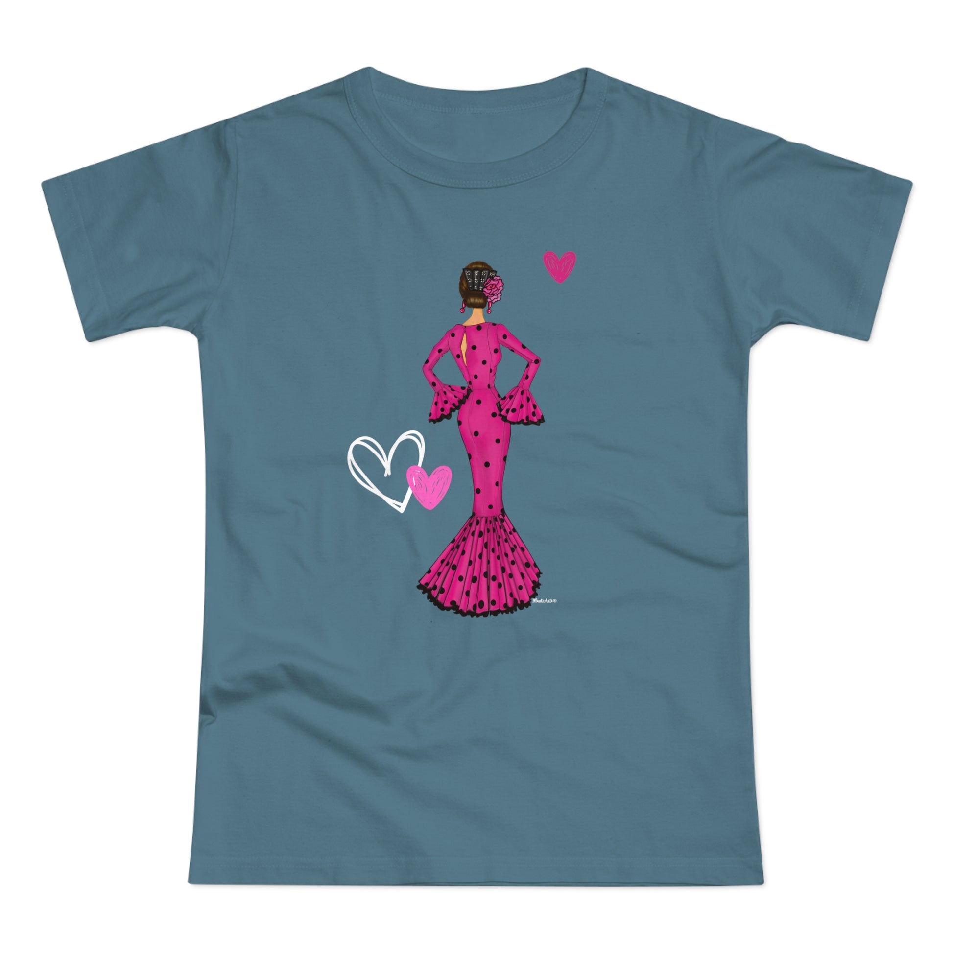 a t - shirt with a woman in a pink dress holding a heart