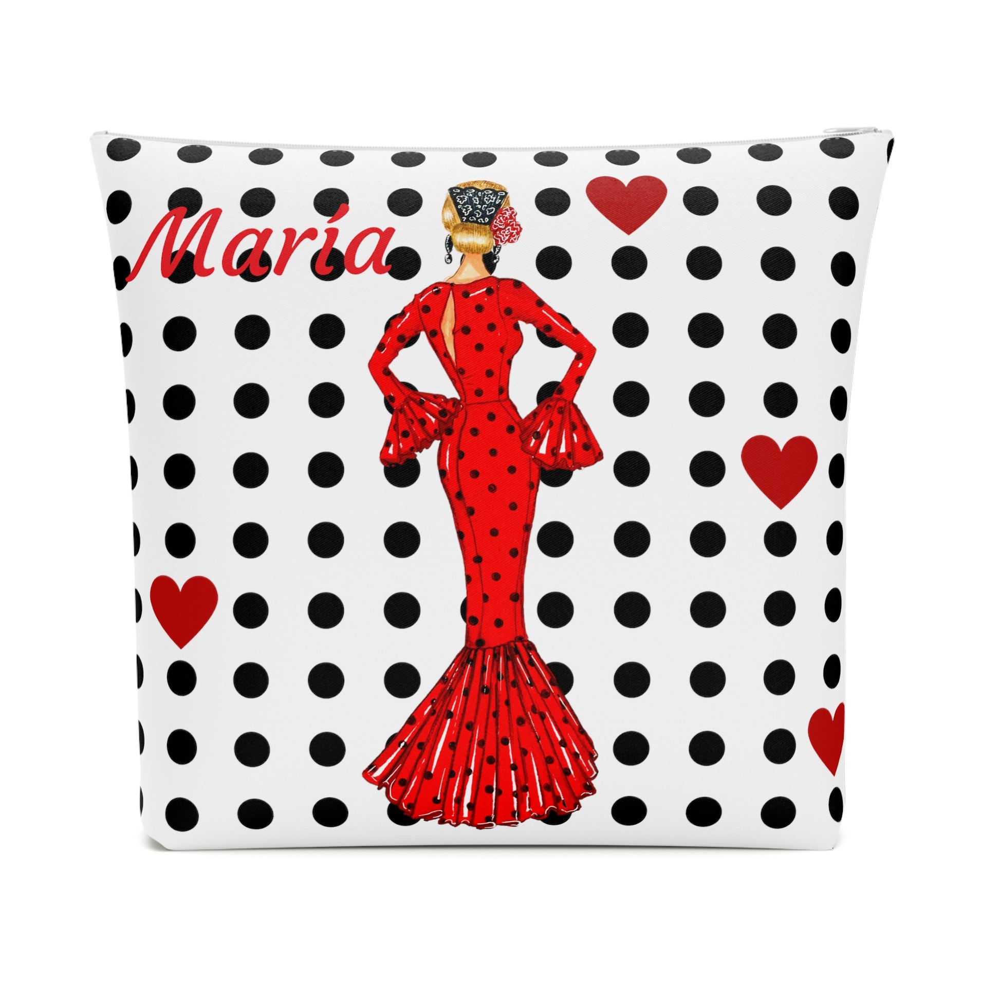 a pillow with a lady in a red dress
