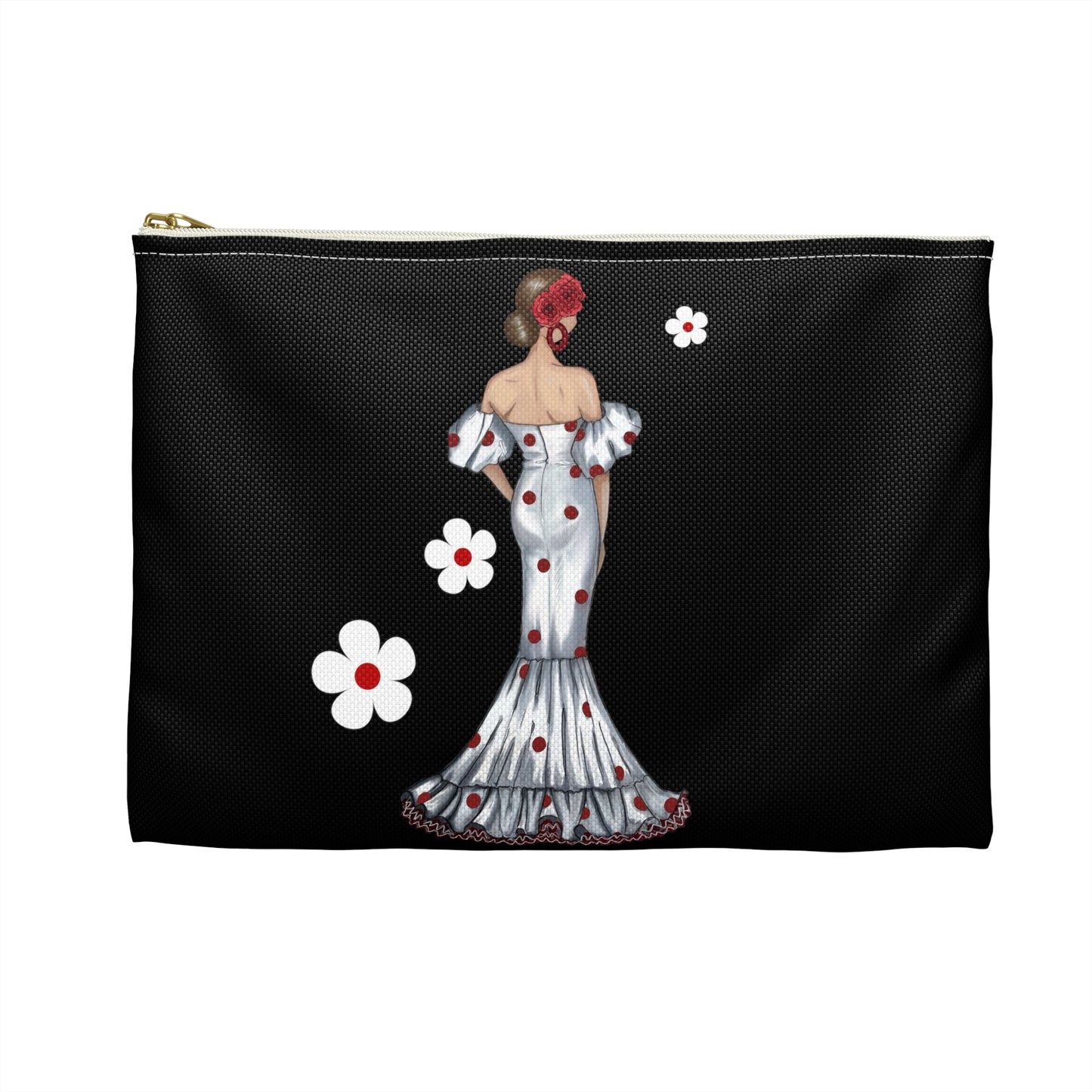 a black purse with a picture of a woman in a dress