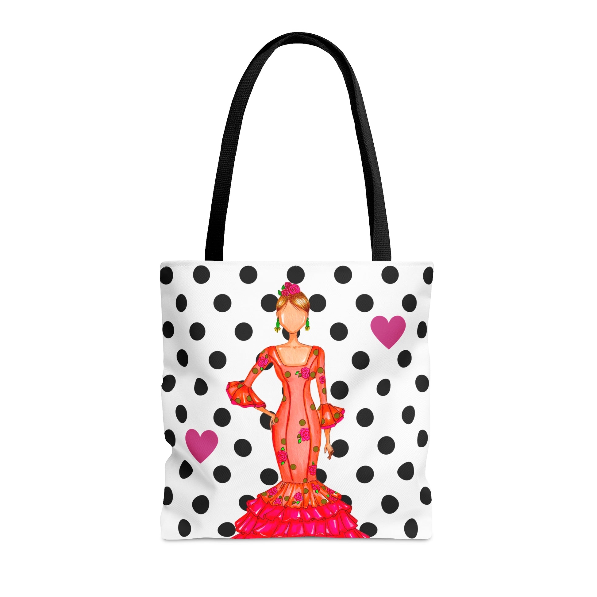 a tote bag with a picture of a woman in a polka dot dress