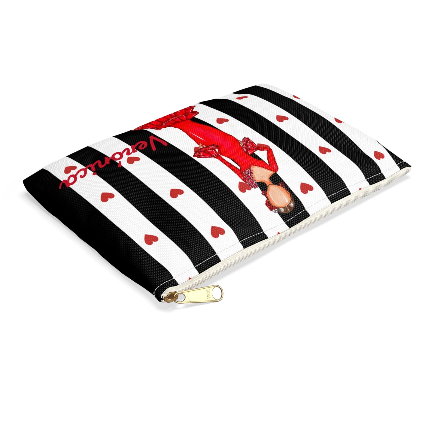a black and white striped wallet with a picture of a woman on it