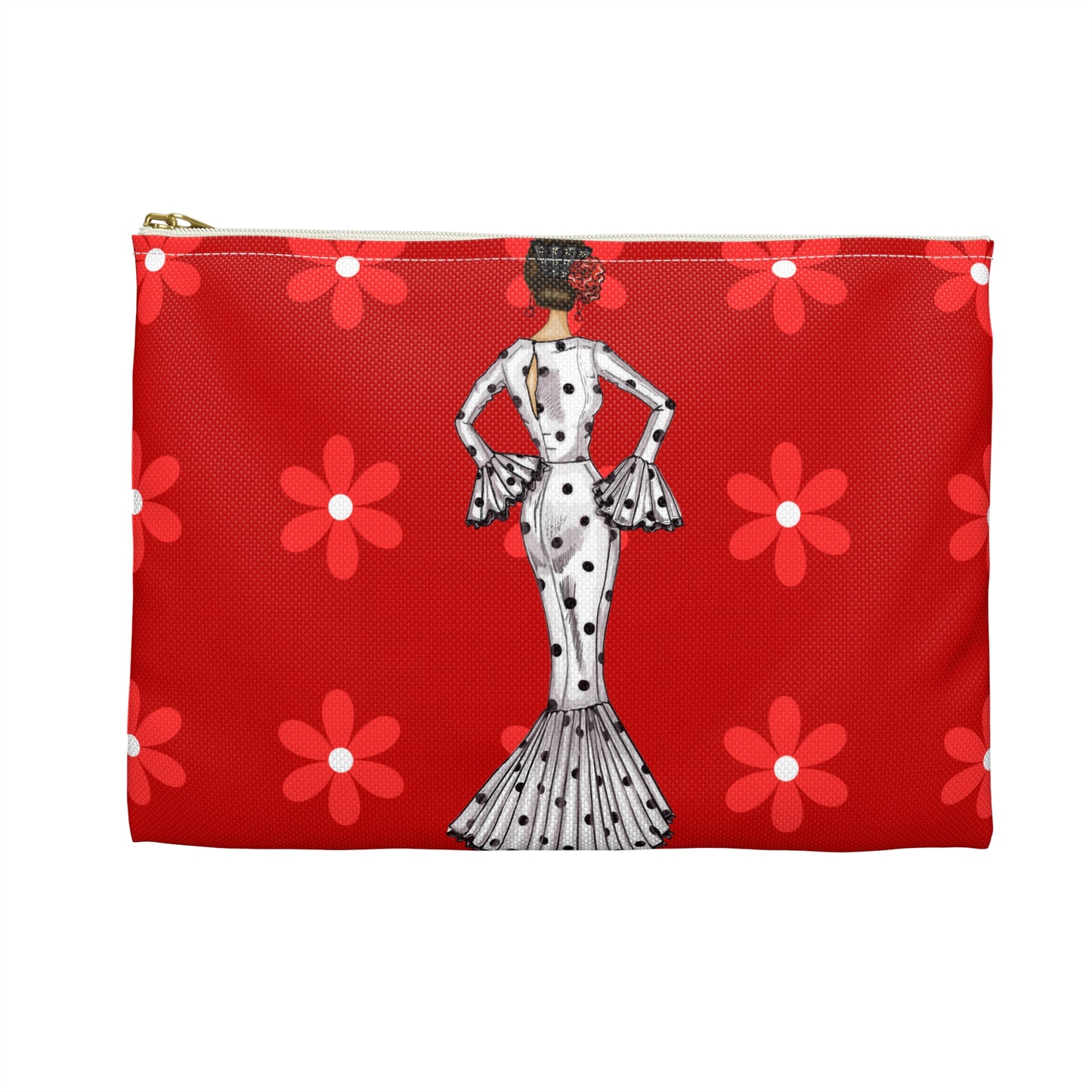 a red purse with a lady in a polka dot dress