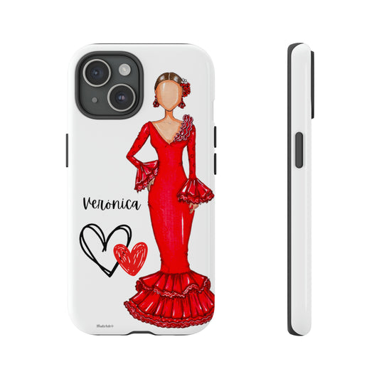 a phone case with a drawing of a woman in a red dress