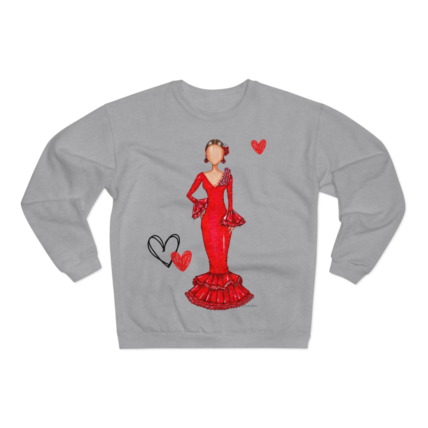 a woman in a red dress with hearts on her chest