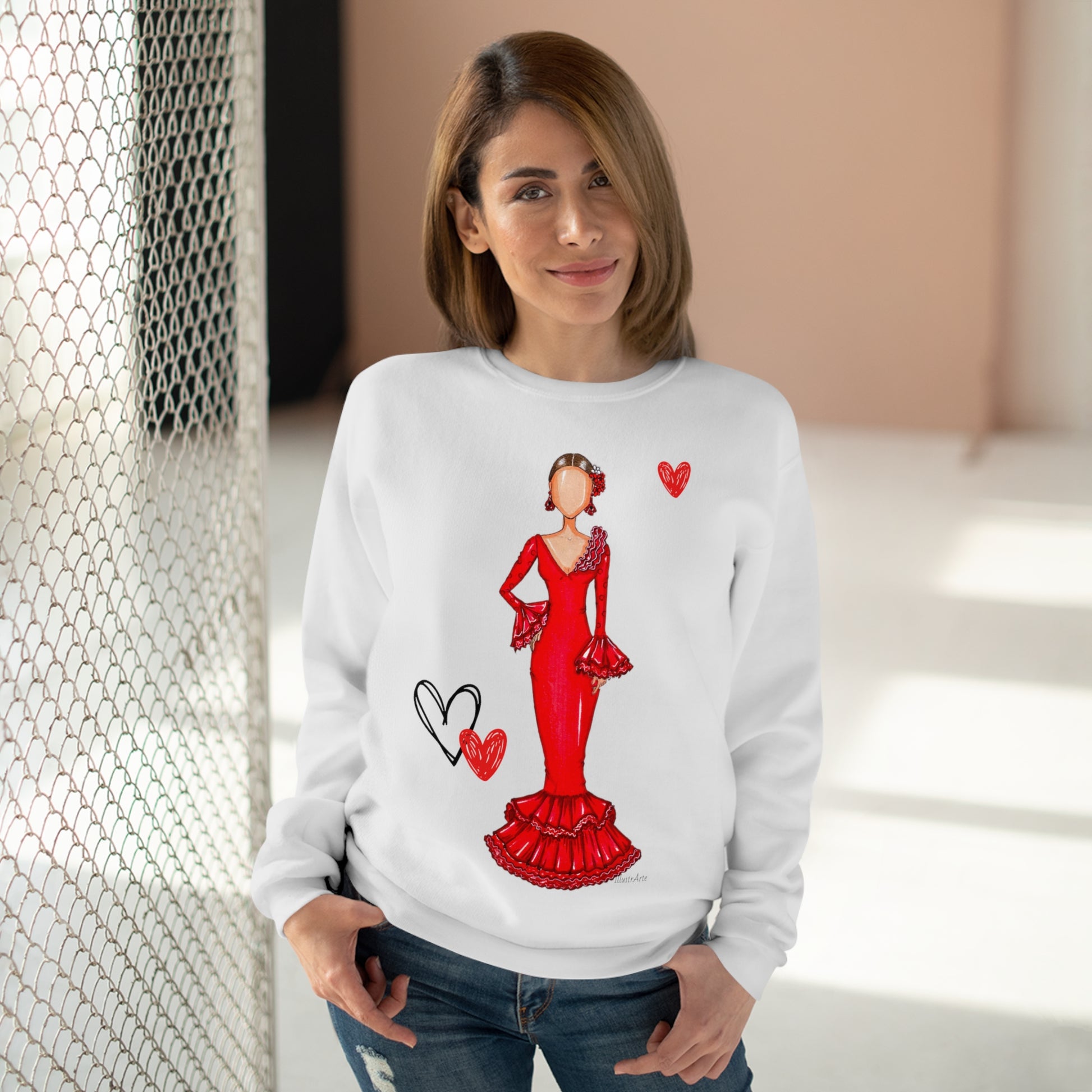 a woman wearing a red dress with hearts on it