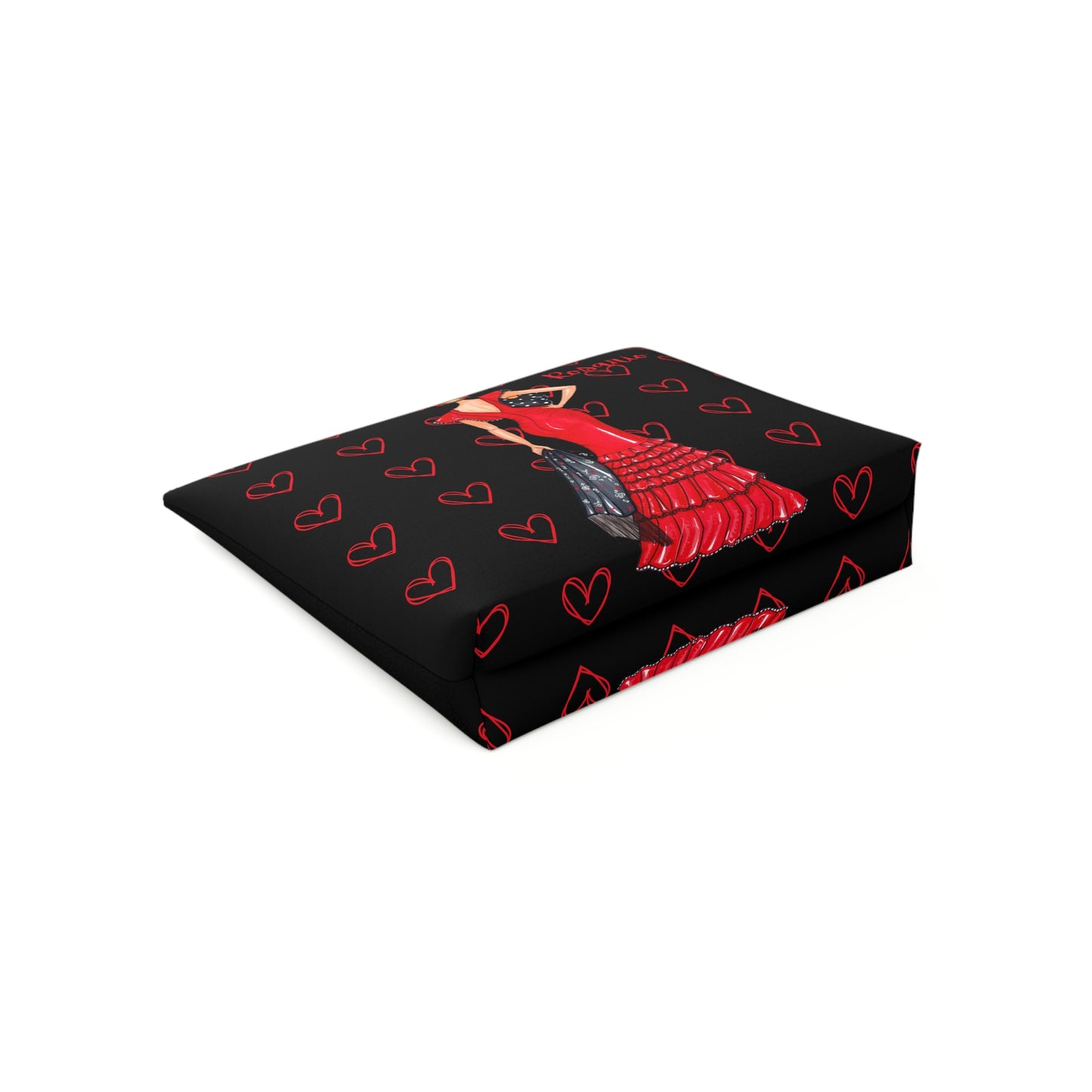 a black and red scarf with a picture of a woman on it