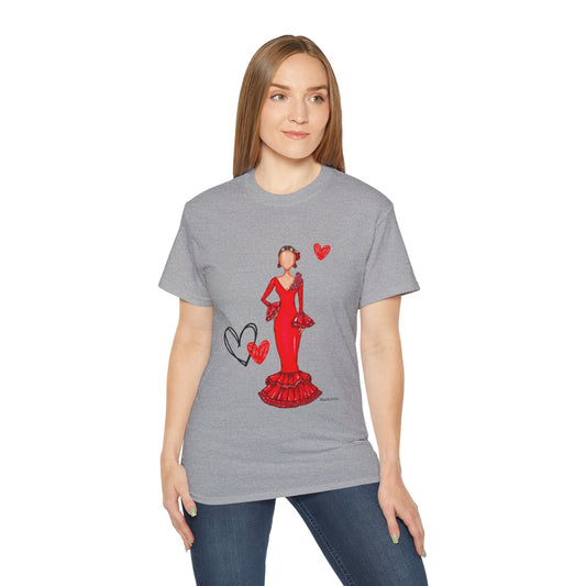 a woman wearing a t - shirt with a picture of a woman in a red