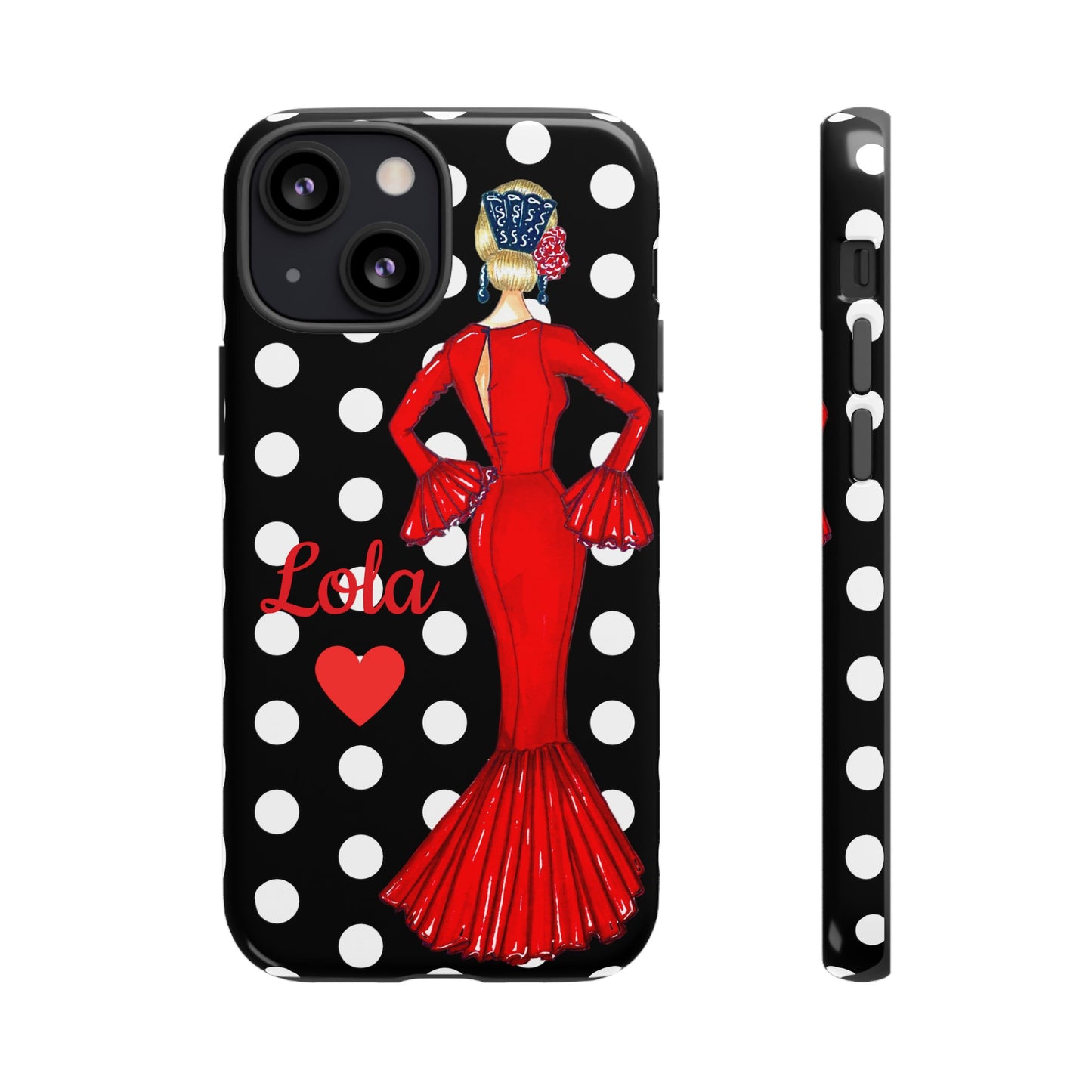 Flamenco Dancer customizable black Phone Case for iPhone, Samsung Galaxy, and Google Pixel, flamenco dancer Maria in a red dres, black background with polka dots.