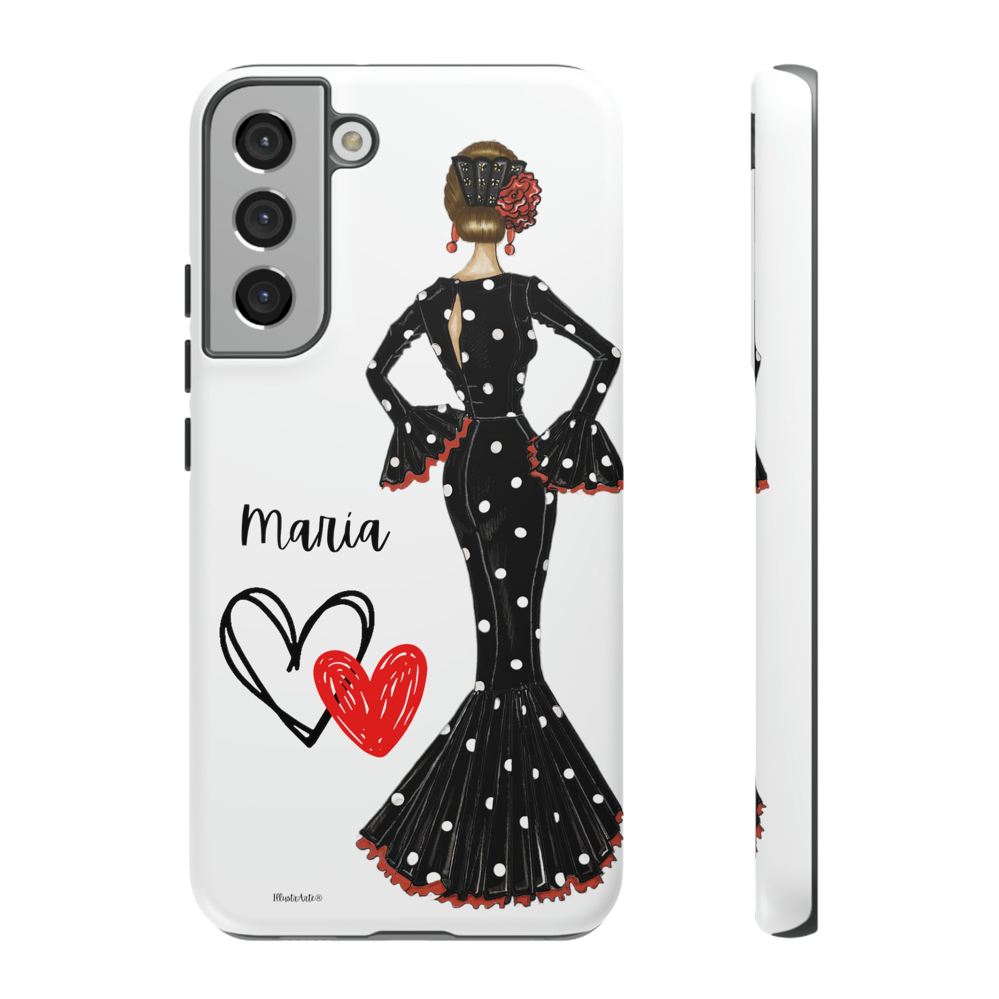 a phone case with a woman in a black dress