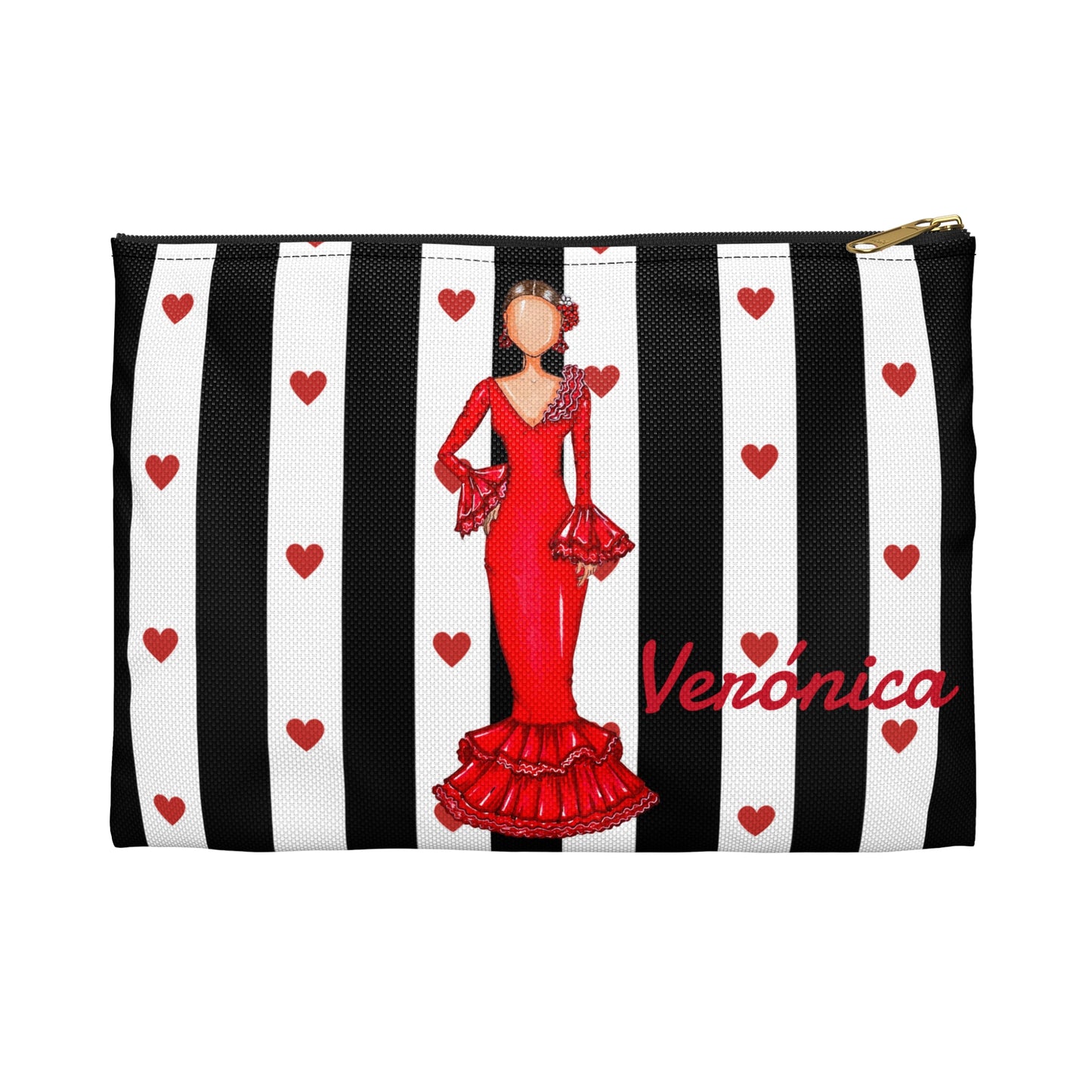 a black and white striped bag with a woman in a red dress