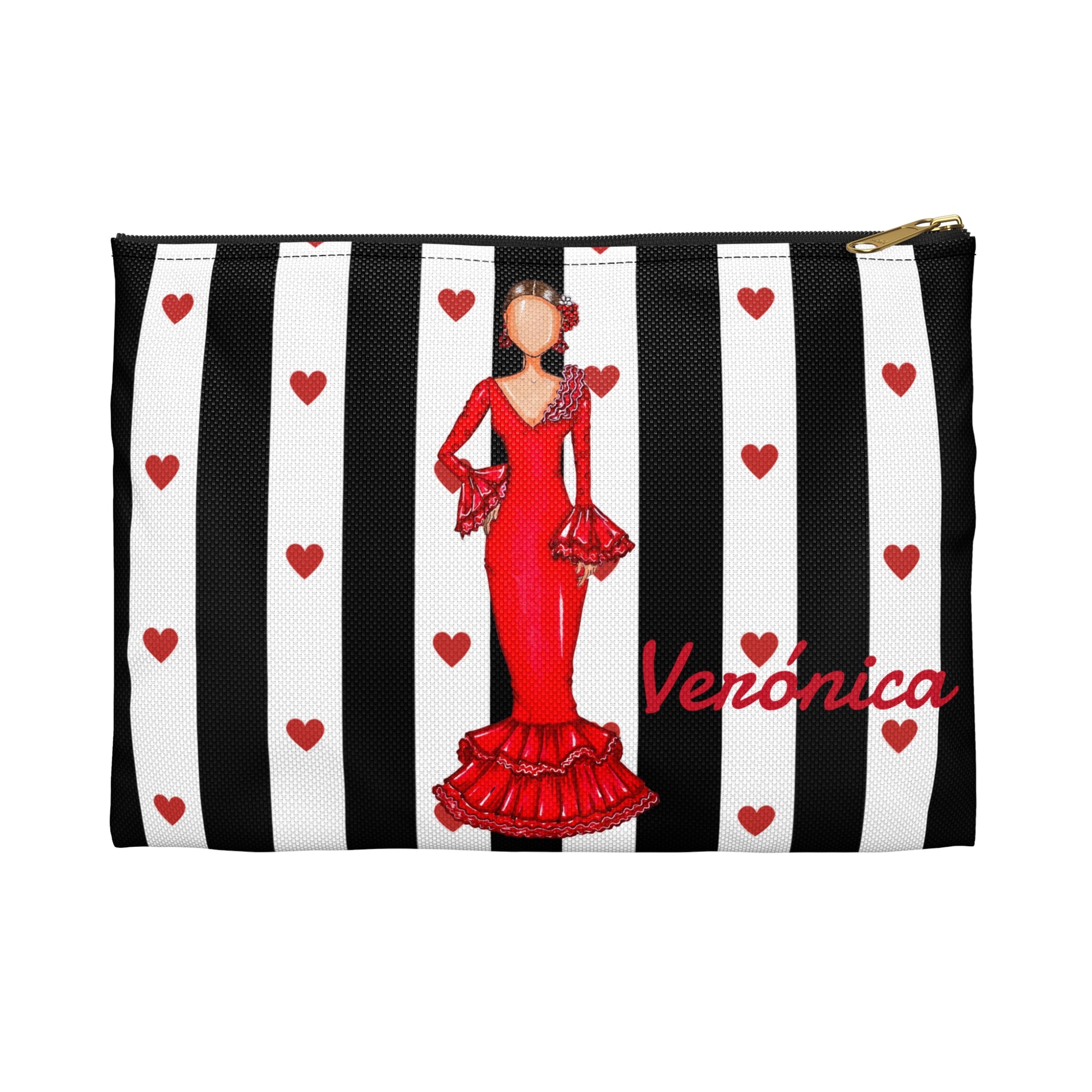 a black and white striped bag with a woman in a red dress