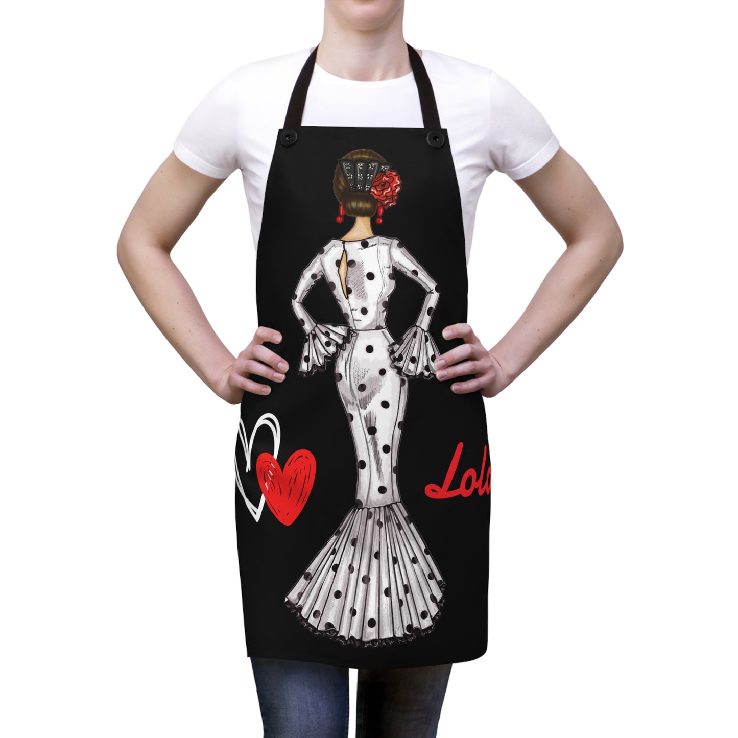 a woman wearing a black apron with a dalmatian design