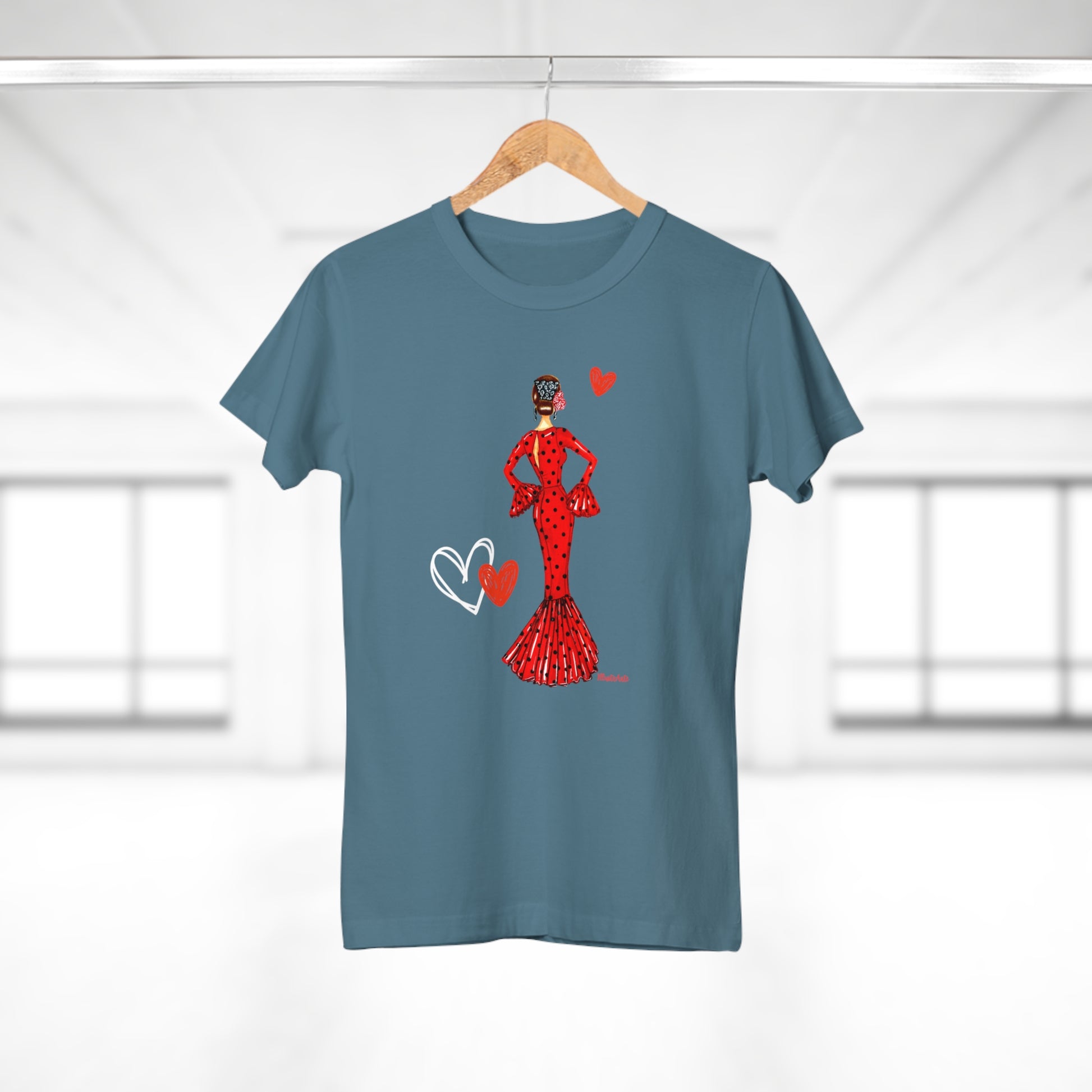 a t - shirt with a woman in a red dress holding a heart