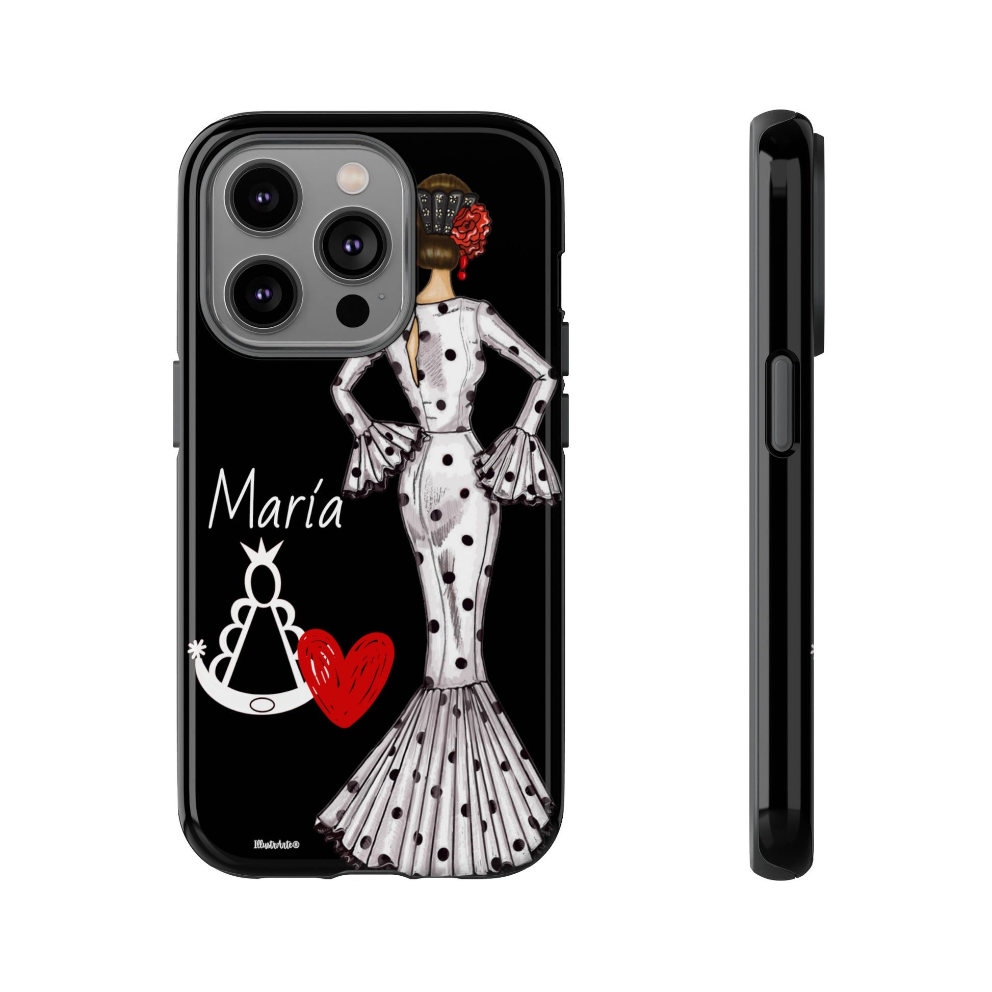 a phone case with a lady in a dress and a heart