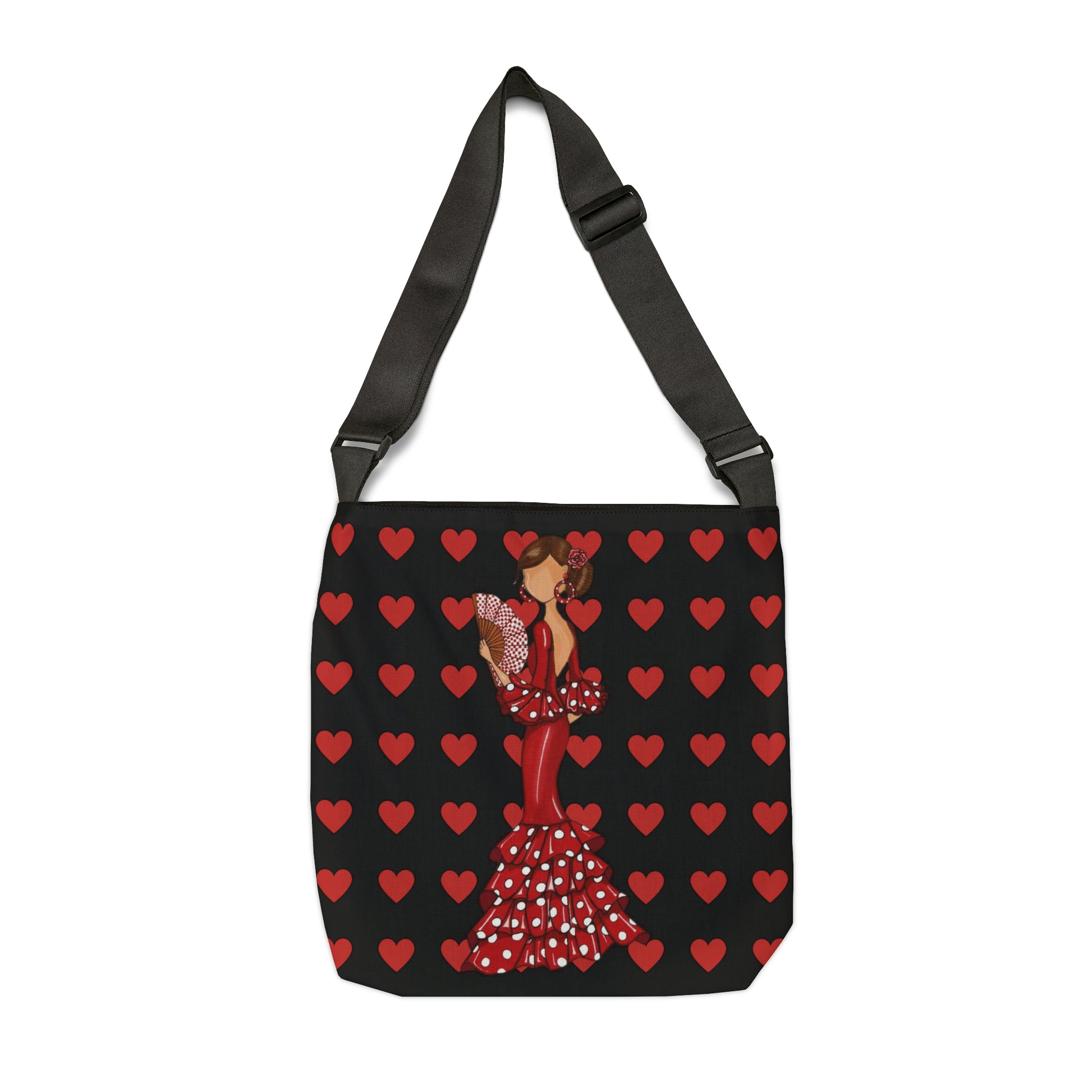 a red and black bag with hearts on it