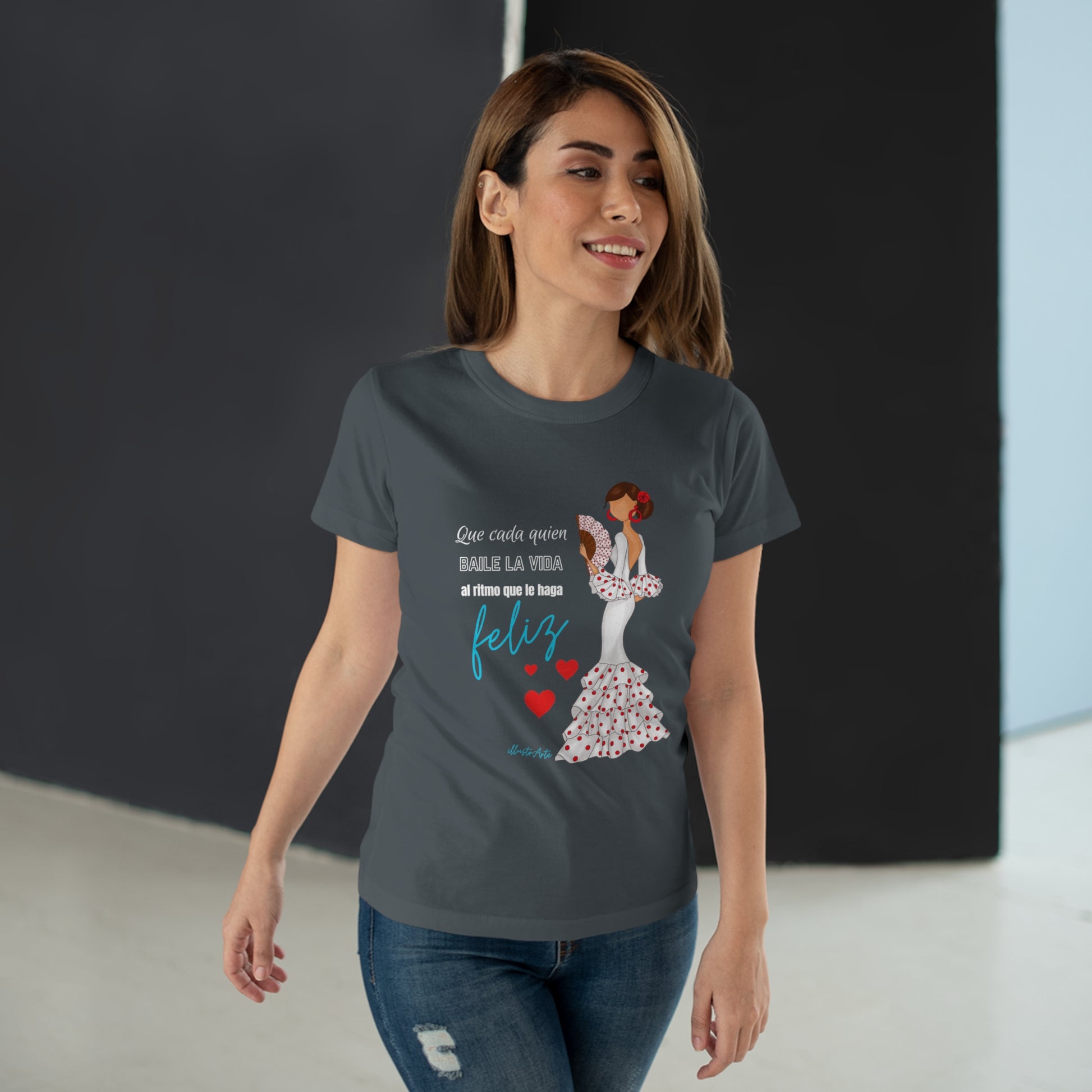 a woman wearing a t - shirt with a picture of a woman in a dress