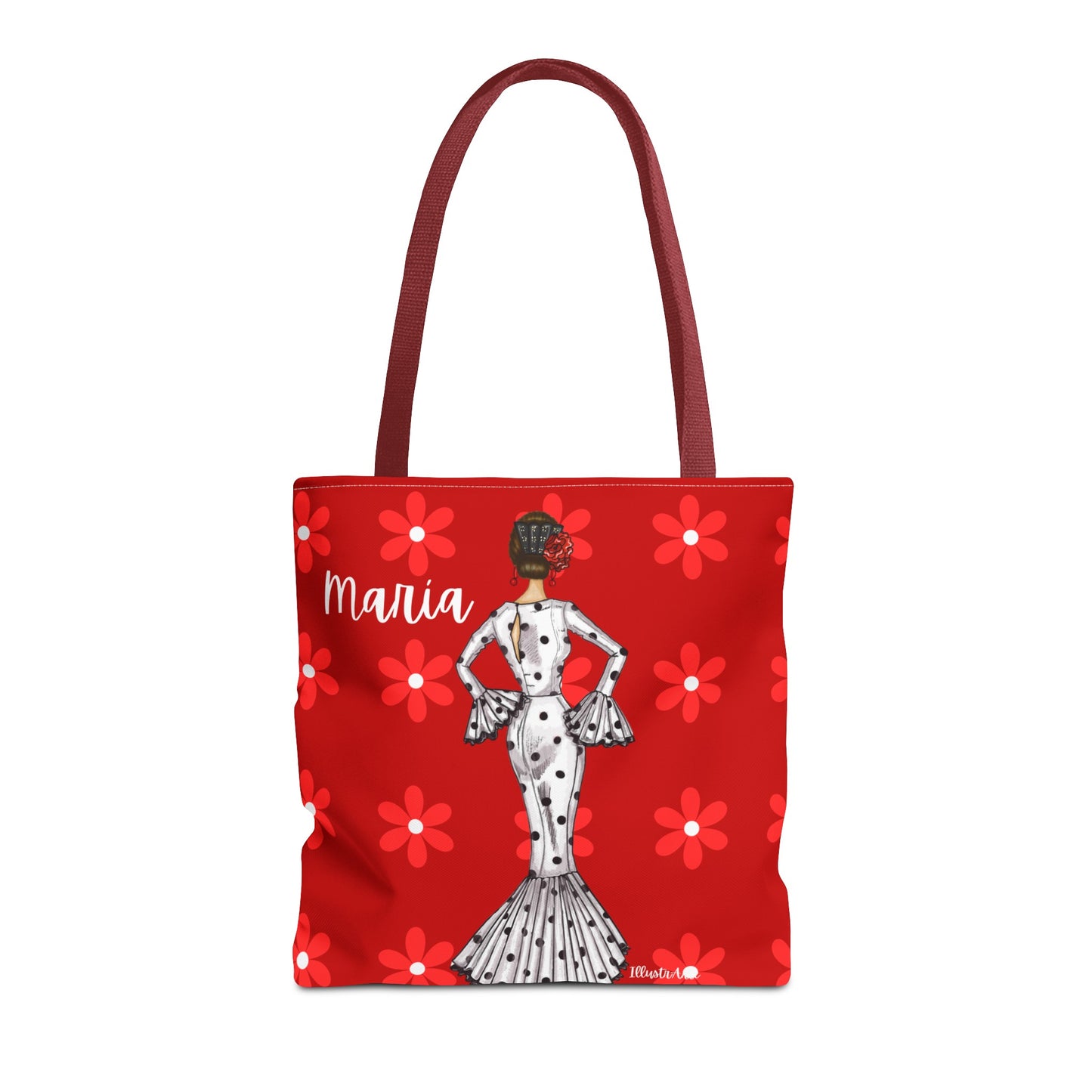 a red tote bag with a picture of a woman on it
