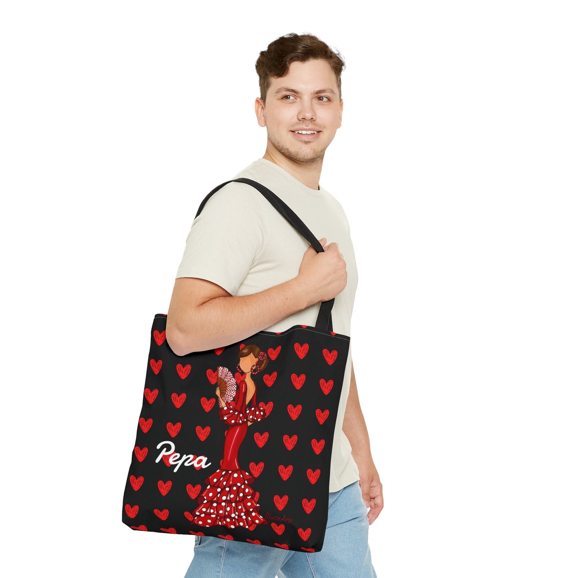 a man is holding a bag with hearts on it